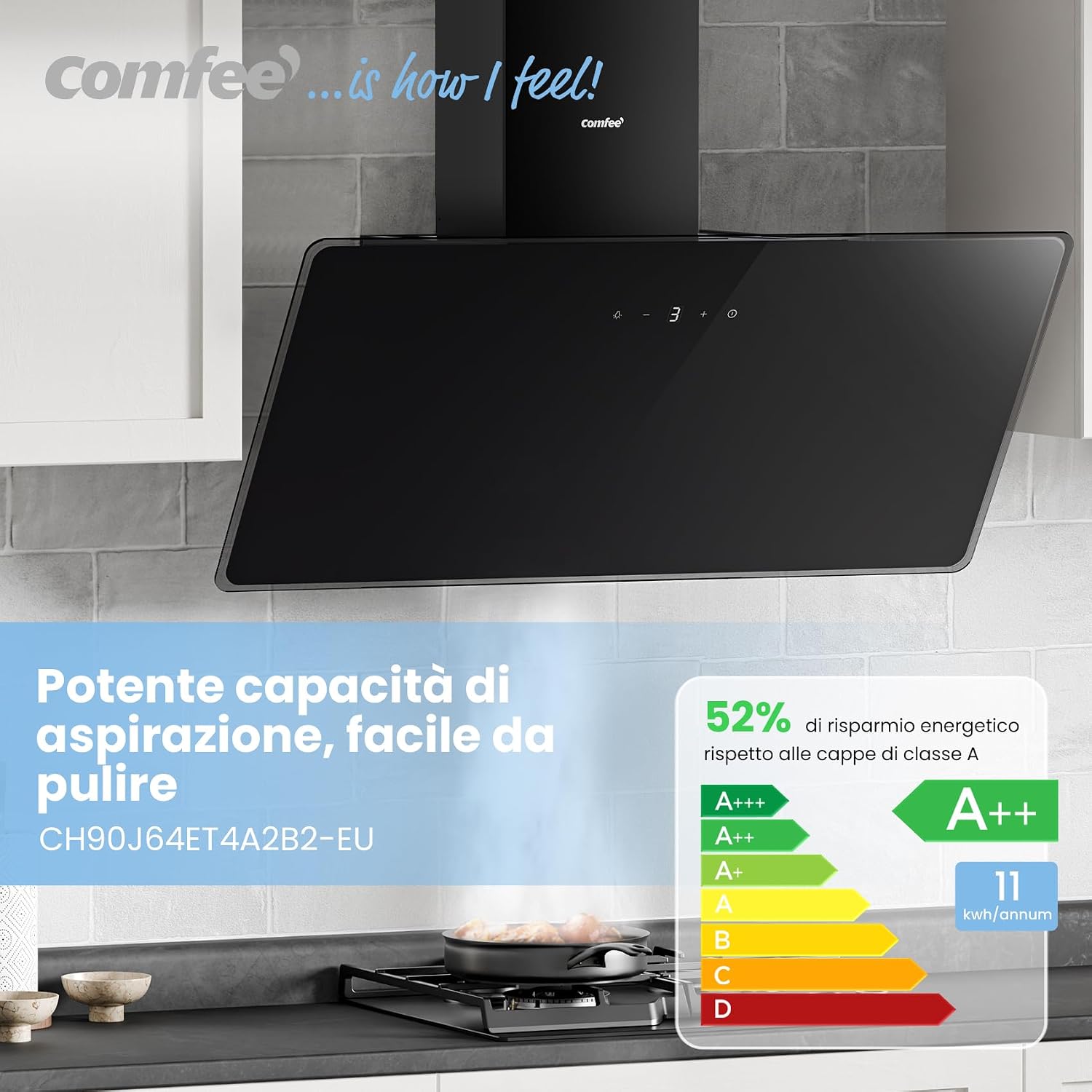Detalle de Cappa aspirante COMFEE' CH90J64ET4A2B2-EU da 90 cm – 620 m³/h, controllo touch, bianca o nera