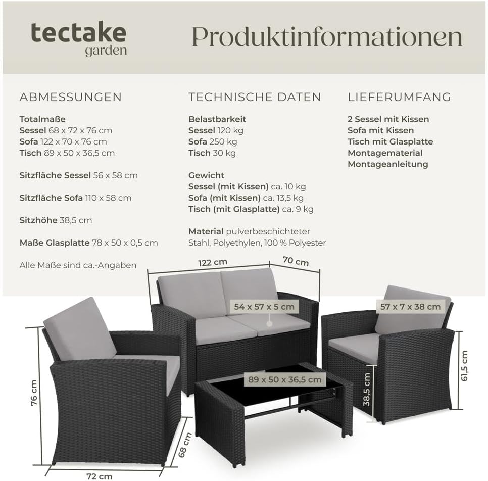 Thumbnail 5 de tectake Lounge Gartenmöbel-Set Poly Rattan – 12-teiliges wetterfestes Lounge-Set für 4 Personen (Schwarz/Grau)