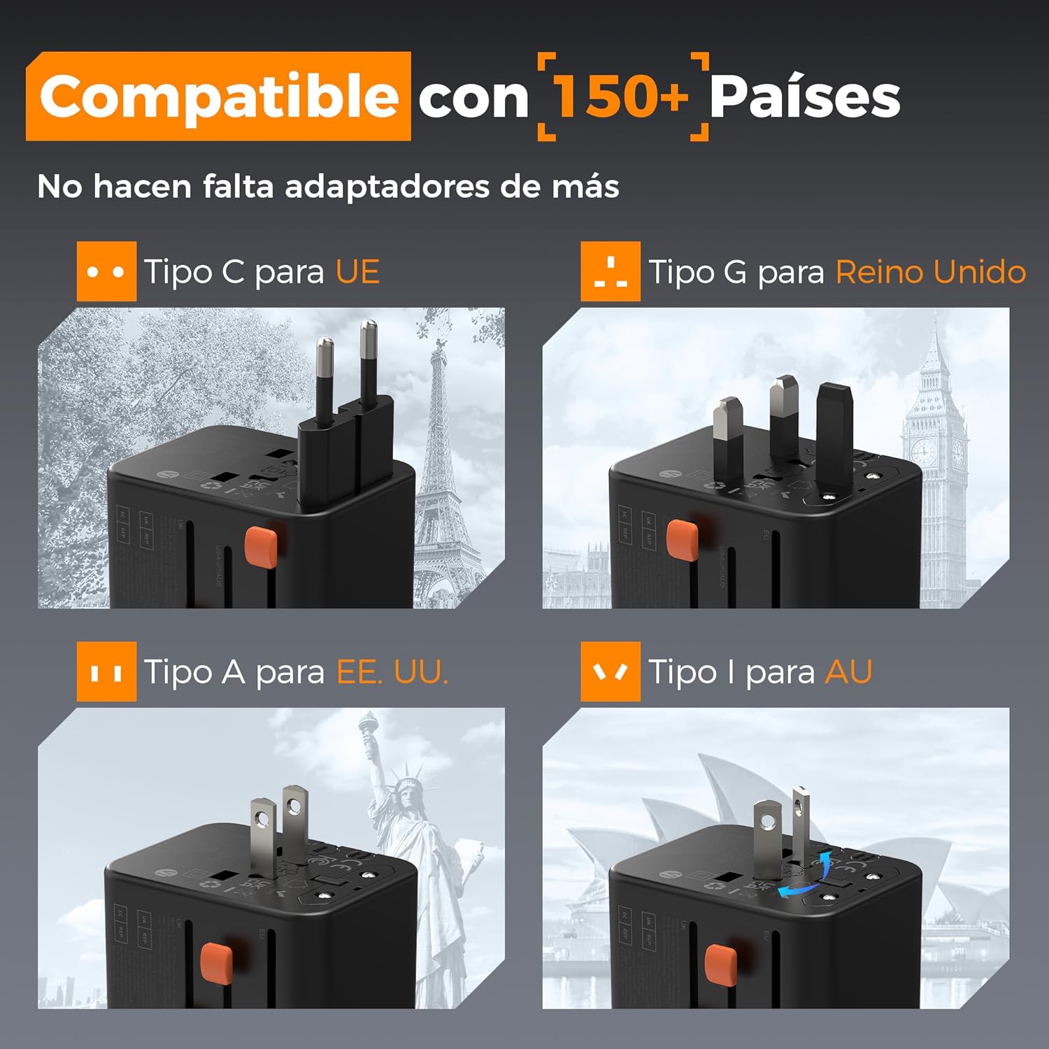 Thumbnail 1 de TESSAN Adaptador de enchufe universal de viaje con cargador: 3 USB-C y 2 USB-A