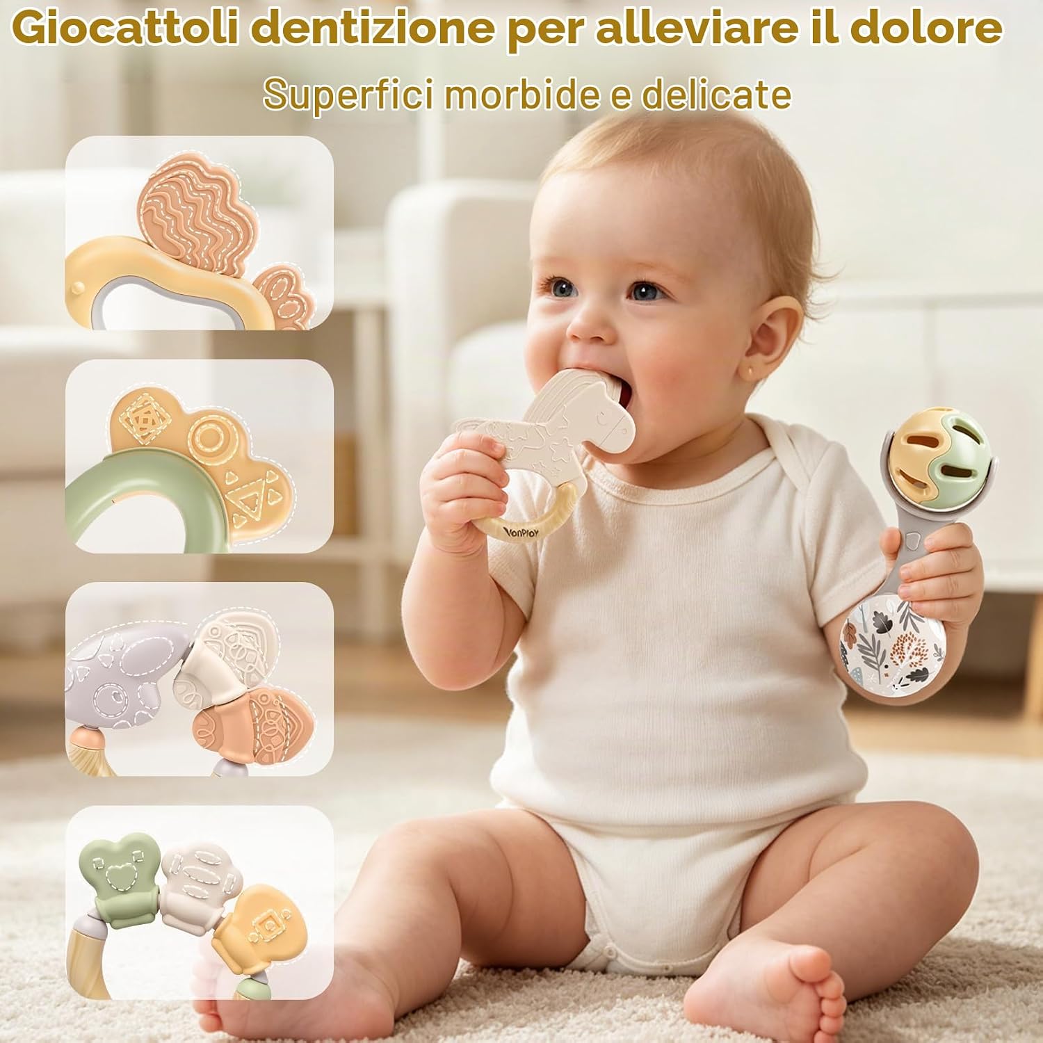 Detalle 2 de Vanplay Sonaglio Neonato 10 Anelli da Dentizione: stimolanti, sicuri e pratici