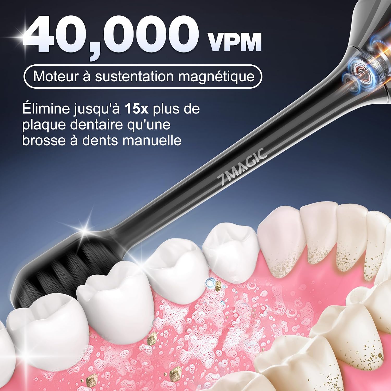 Detalle 2 de Brosse à dents électrique sonique 7MAGIC – 3 intensités, 5 modes, 40000 VPM, autonomie jusqu’à 180 jours (IPX7) – Noir