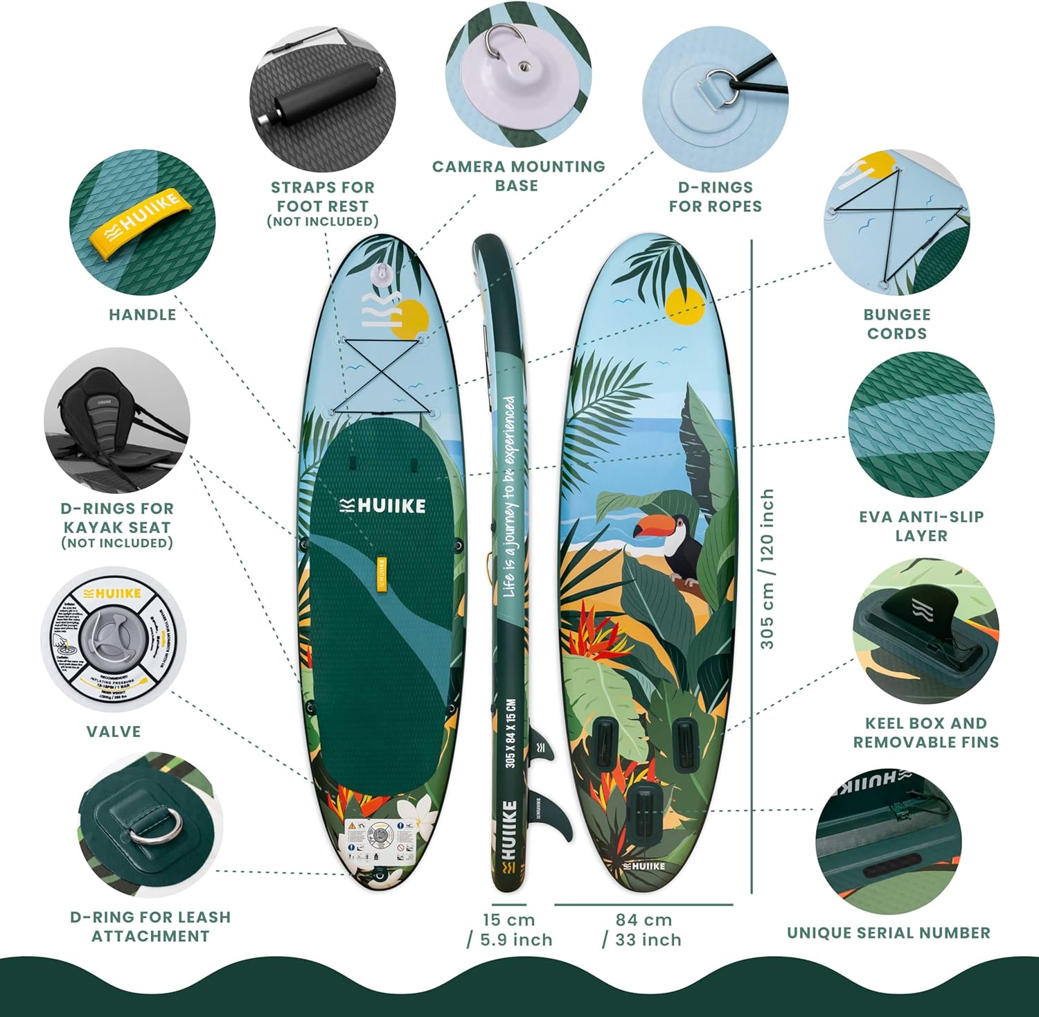 Thumbnail 1 de HUIIKE 10’ Inflatable Stand Up Paddle Board for Adults (Tropical Essential Set) with Paddle, Fins, Pump & Accessories