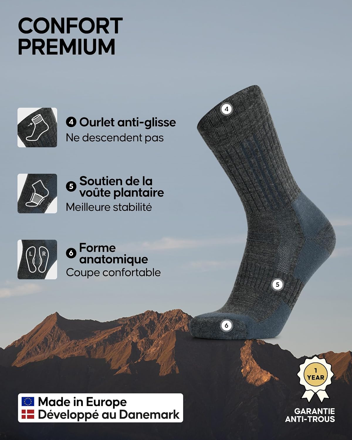 Thumbnail 2 de DANISH ENDURANCE Chaussettes de randonnée en laine mérinos (lot de 2)