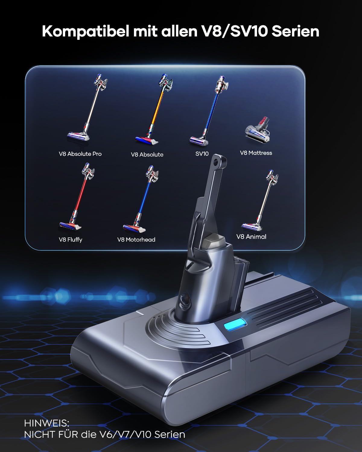 Detalle de FLYLINKTECH 8.0Ah V8 Akku für Dyson V8 Absolute/Animal/Fluffy/Motorhead (bis zu 8.000 mAh) – mit 2+1 Filtern und Schrauben