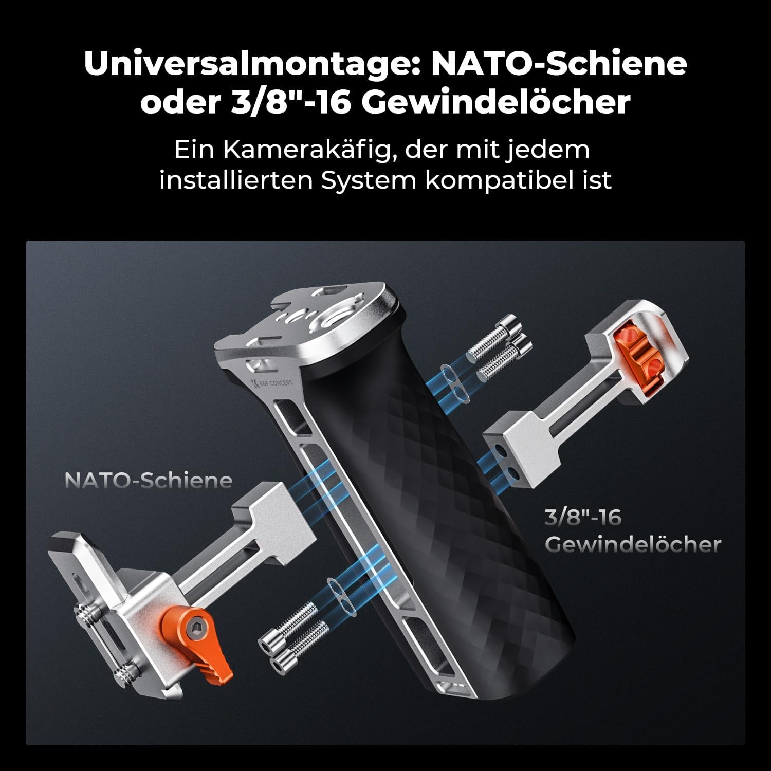 Detalle de K&F CONCEPT Seitengriff für Kamerakäfige – beidseitig nutzbar, 40 mm höhenverstellbar, 3/8" Locating Schraube, NATO-Schnellverschluss