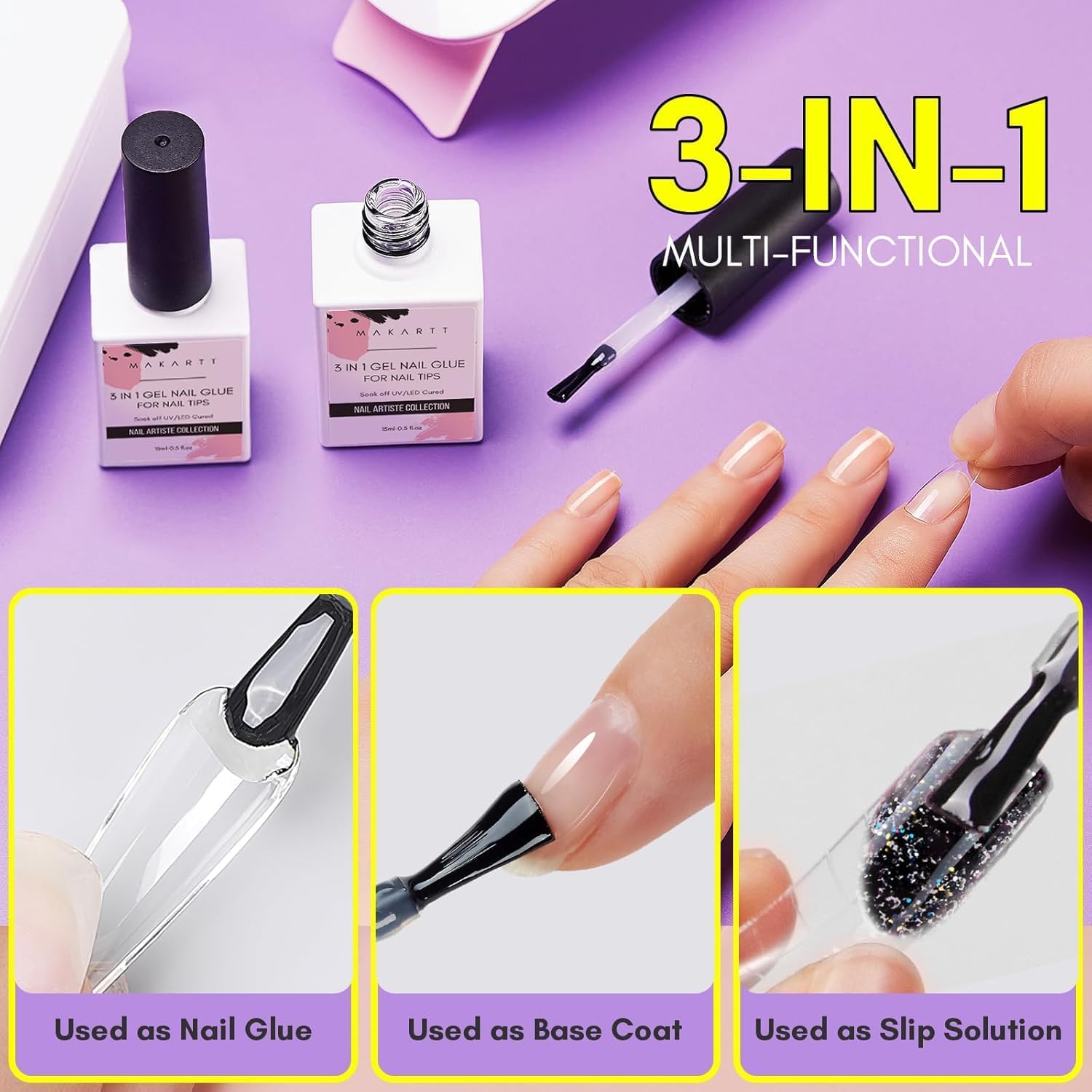 Thumbnail 1 de Makartt Nail Glue Extra Strong 3-in-1 Gel Base Coat Slip Solution (15ml x 2) for Acrylic, Gel and Press-On Nails