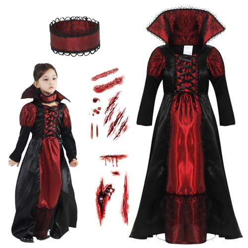 Thumbnail 3 de GEMVIE costume da vampira per bambine, abito lungo rosso e nero con cravatta