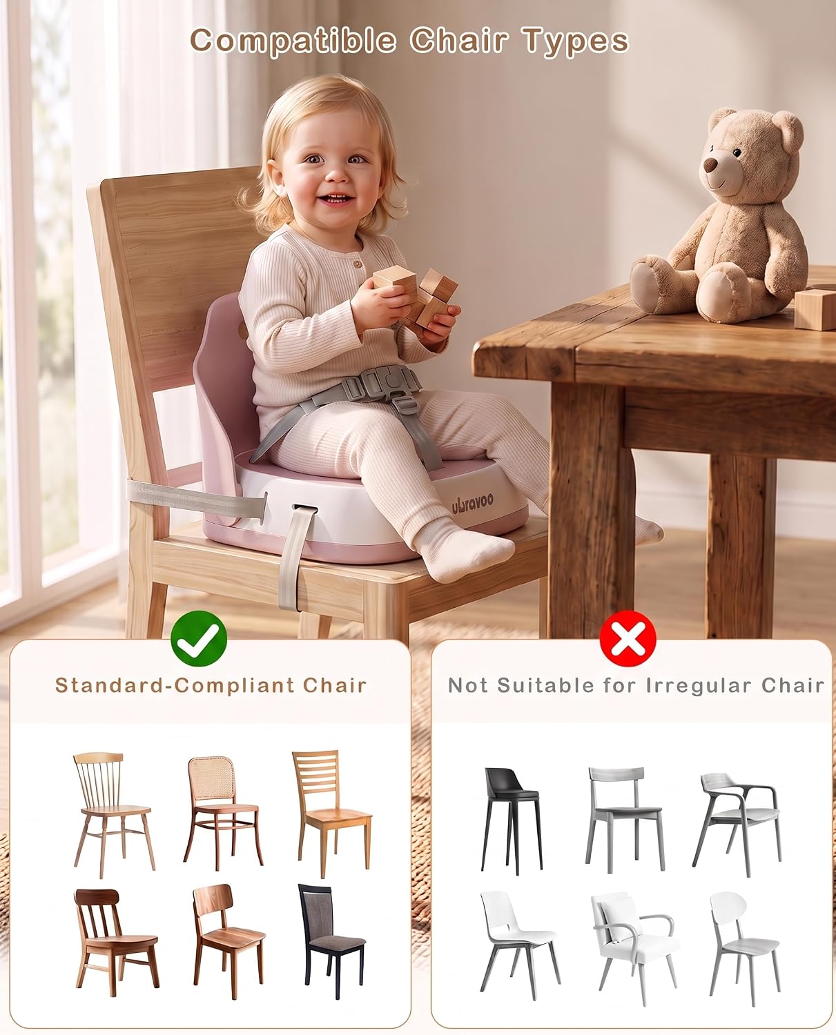 Thumbnail 6 de UBRAVOO Pink Baby Booster Seat with Adjustable Straps and 3-Point Harness