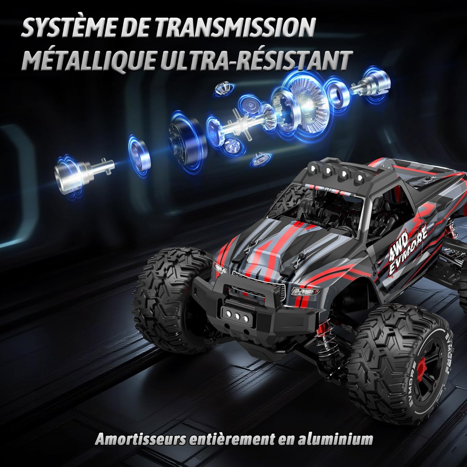 Detalle 1 de Evmore Voiture Télécommandée 1:16 4WD — Haute Vitesse, 55 km/h et Suspension Tout-Terrain, avec 2 Batteries