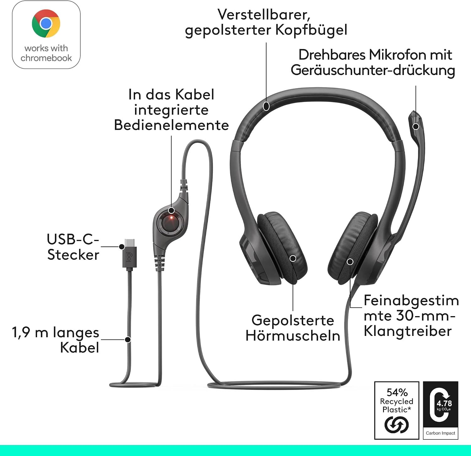Detalle 2 de Logitech H390 kabelgebundenes USB-Headset für PC/Notebook – Komfort, Stimmqualität und einfache Bedienung