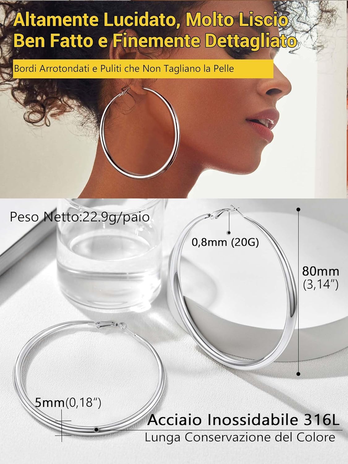 Thumbnail 3 de PROSTEEL Orecchini a cerchio in acciaio 316L chirurgico 40/60/80 mm con confezione regalo