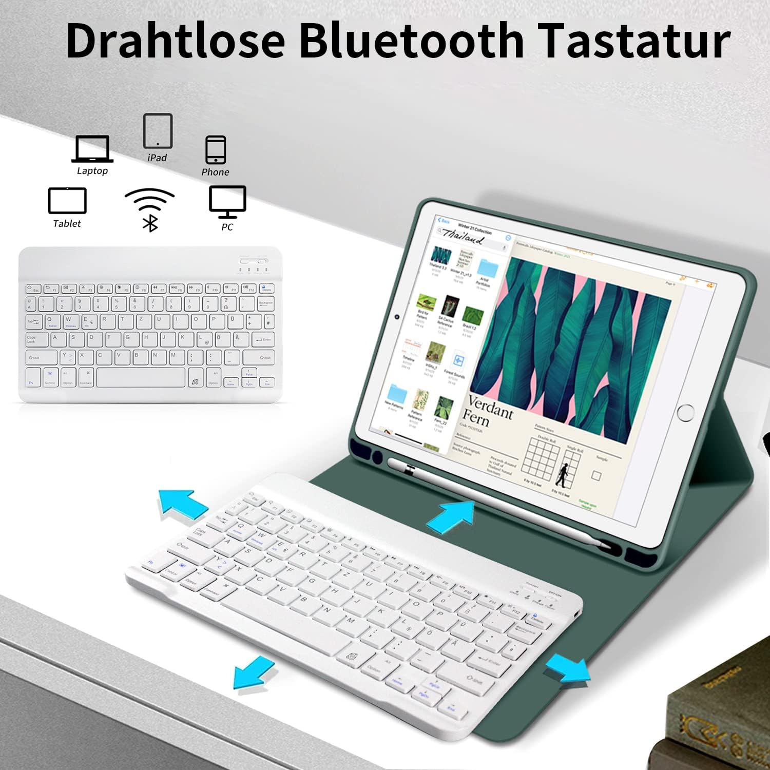 Detalle de ZOYU Hülle mit Tastatur für iPad 9/8/7 (10,2 Zoll) – QWERTZ Bluetooth-Folio in Dunkelgrün