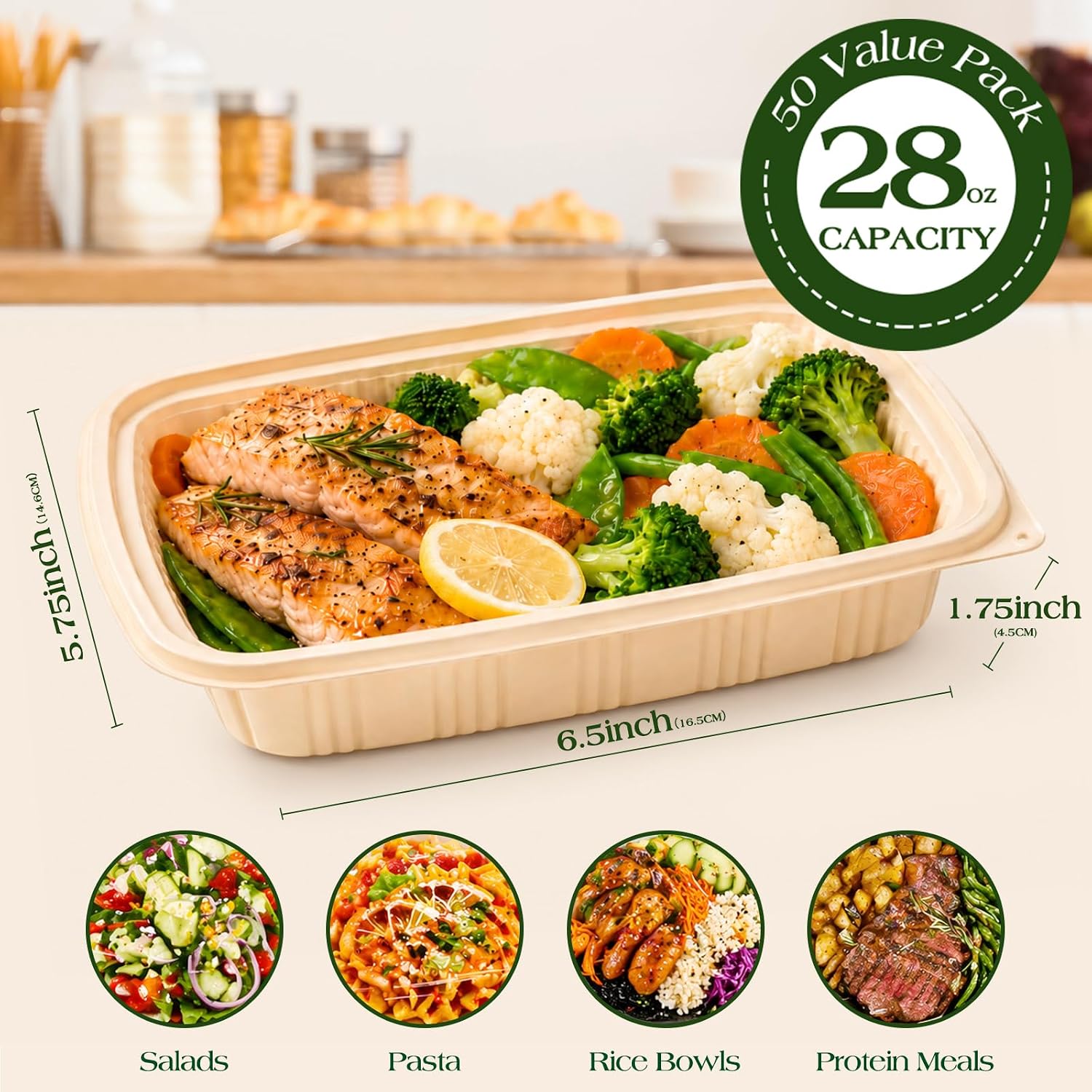 Thumbnail 3 de 100 Piece Meal Prep Containers with Lids (50 Pack) — 28 oz Cornstarch, Plant-Based Lunch Box, BPA-Free, Microwave & Freezer Safe