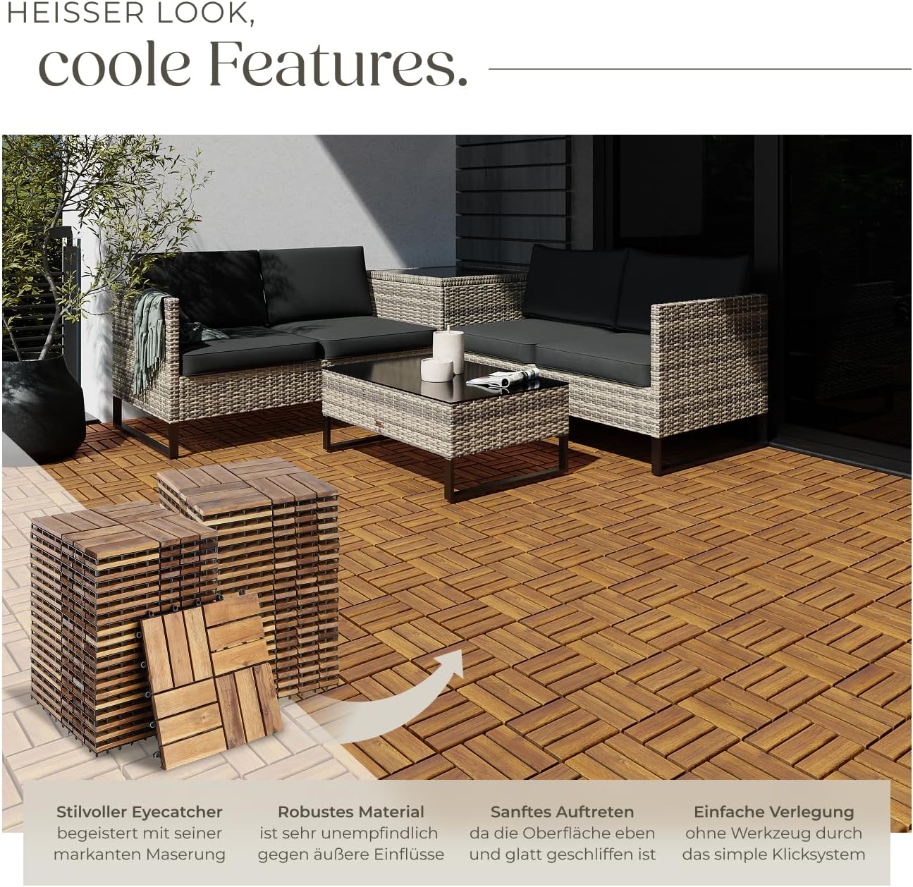 Detalle de tectake Holzfliesen 40-teiliges Set – wetterfeste Akazienholz-Klickfliesen für Terrasse, Balkon & Gartenweg