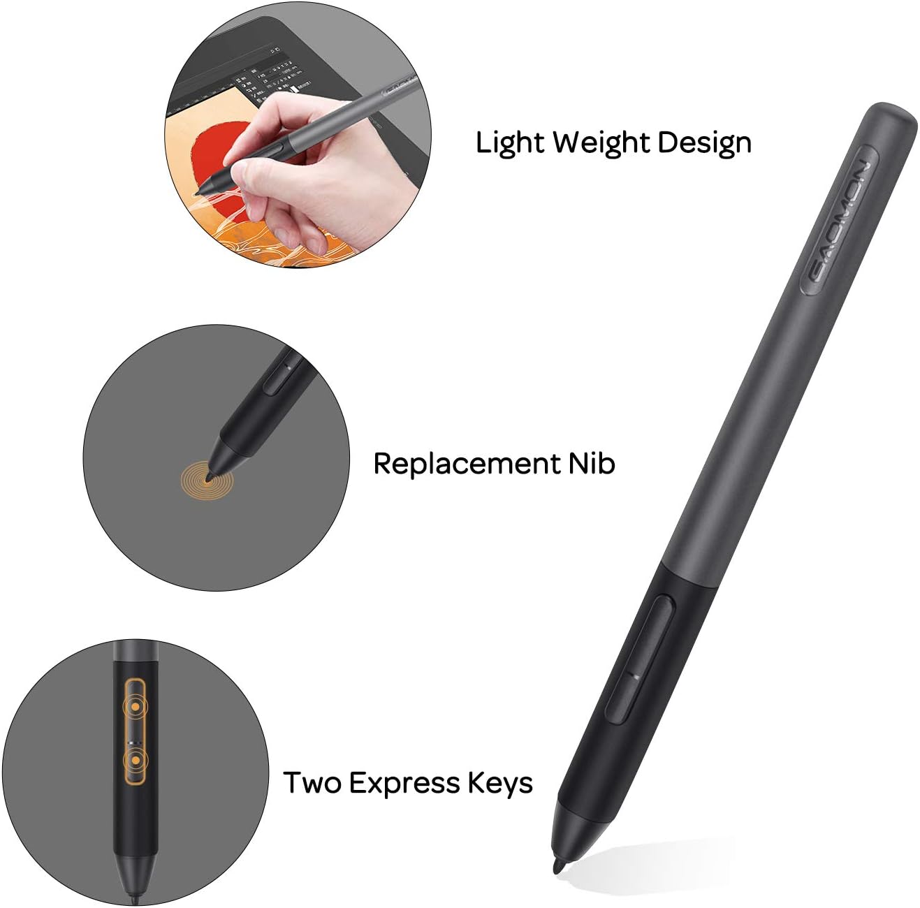 Detalle de GAOMON ArtPaint AP50 Battery-Free Stylus, 8192-Level Pressure, 2 Buttons