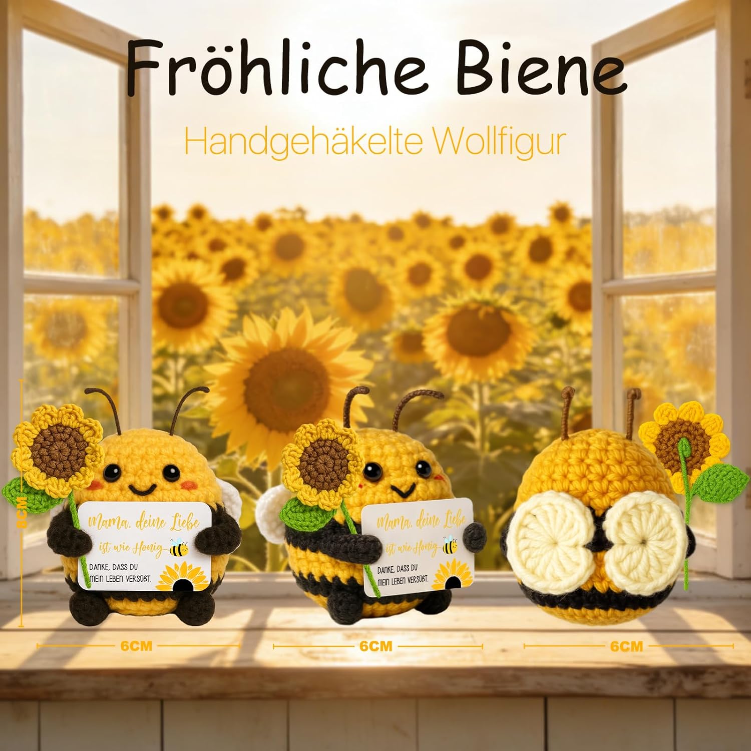 Thumbnail 2 de Farbeele Geschenkset: Positive Sonnenblumen-Biene als Schlüsselanhänger und handgefertigte Bienenfigur