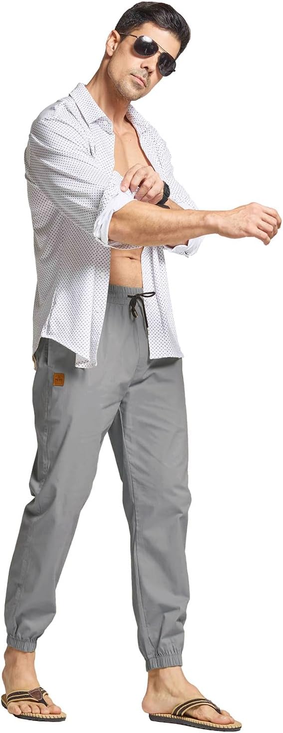 Detalle de JustSun herenbroek van katoen, slim fit, met trekkoord en vier zakken