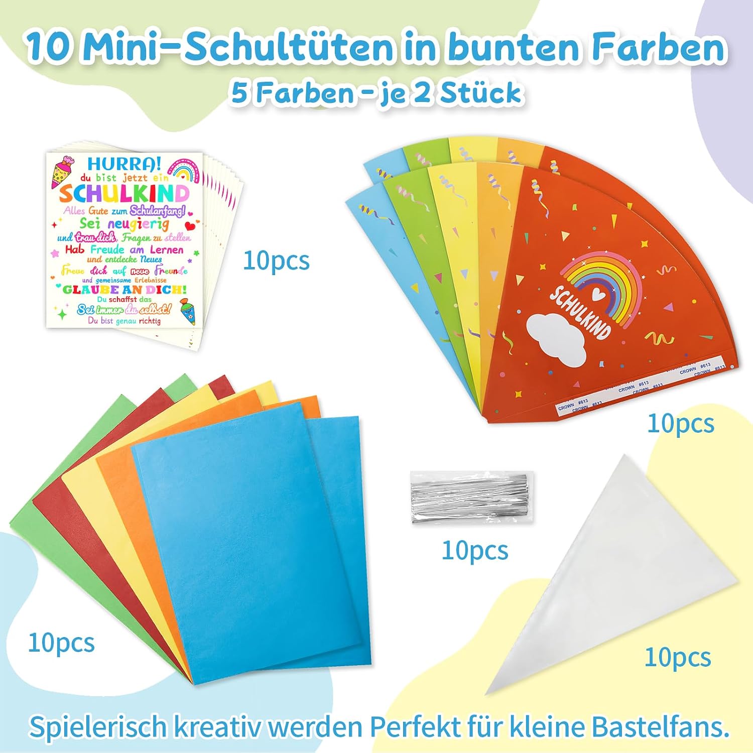 Detalle de WAMIOKAGRO 10er-Set Kleine Schultüten – Mutkarten & Bastelset für Einschulung