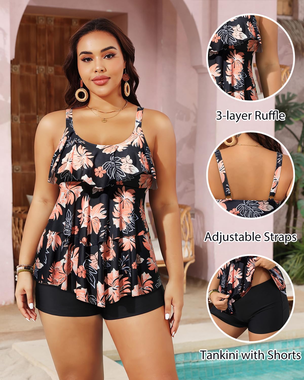 Thumbnail 4 de Yonique Plus Size Tankini Swimsuits with Shorts: Two-Piece Bathing Suit with Ruffle Detail and Tummy Control