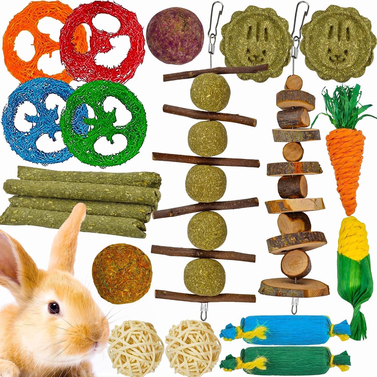 Ousiya : Lot de 21 Jouets à mâcher naturels pour Lapin et Petits Animaux – Bâtonnets de Foin Timothy et Bois de Pommier