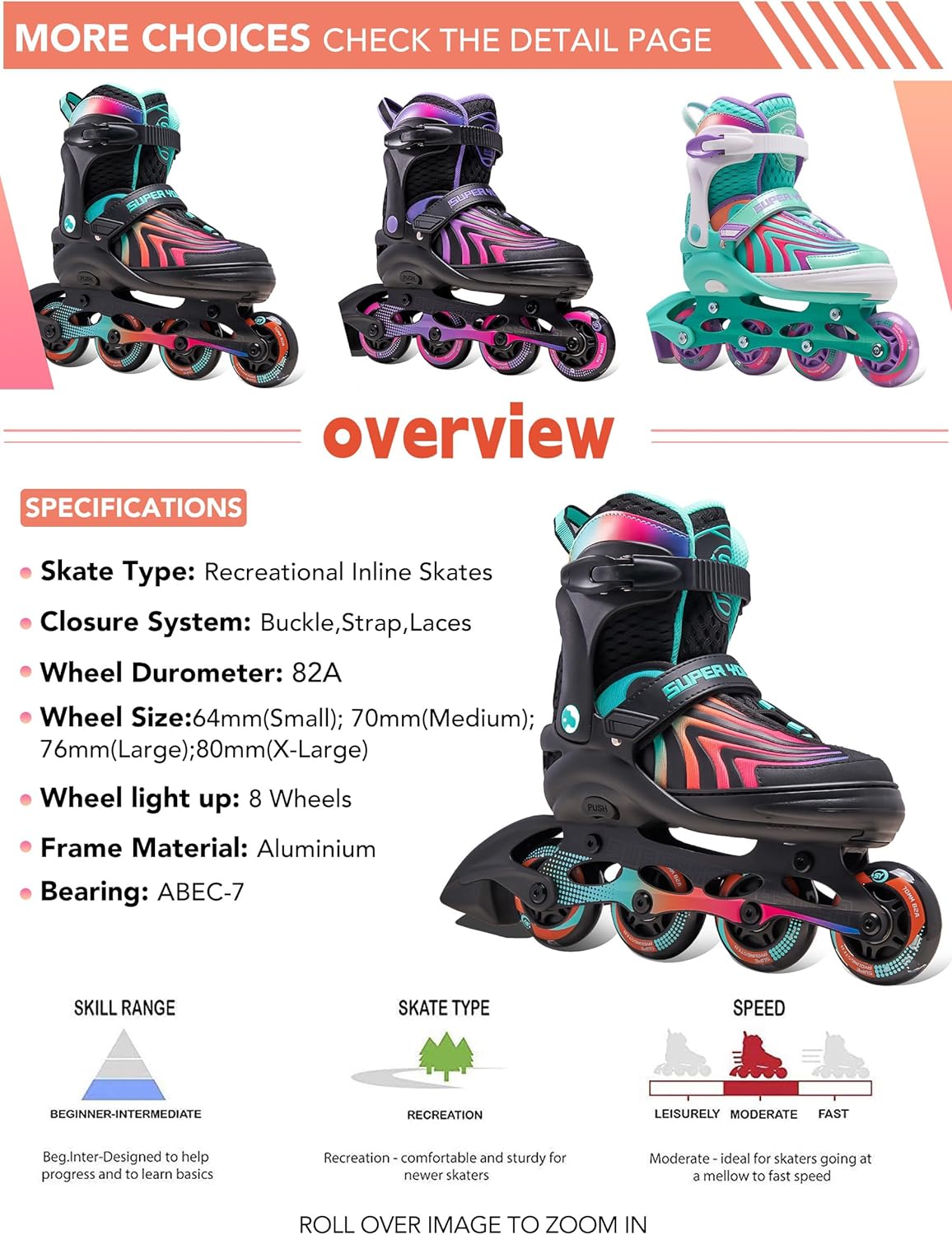Detalle 2 de SUPER YOUNGSTER Adjustable Light-Up Inline Skates for Kids (4–12) with Durable Build