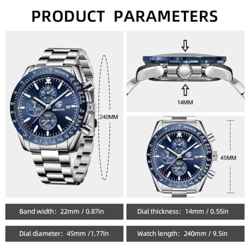 Thumbnail 5 de BENYAR Montre Homme Chronographe Étanche Lumineuse – Grand Cadran 45 mm, Bracelet Acier Inoxydable