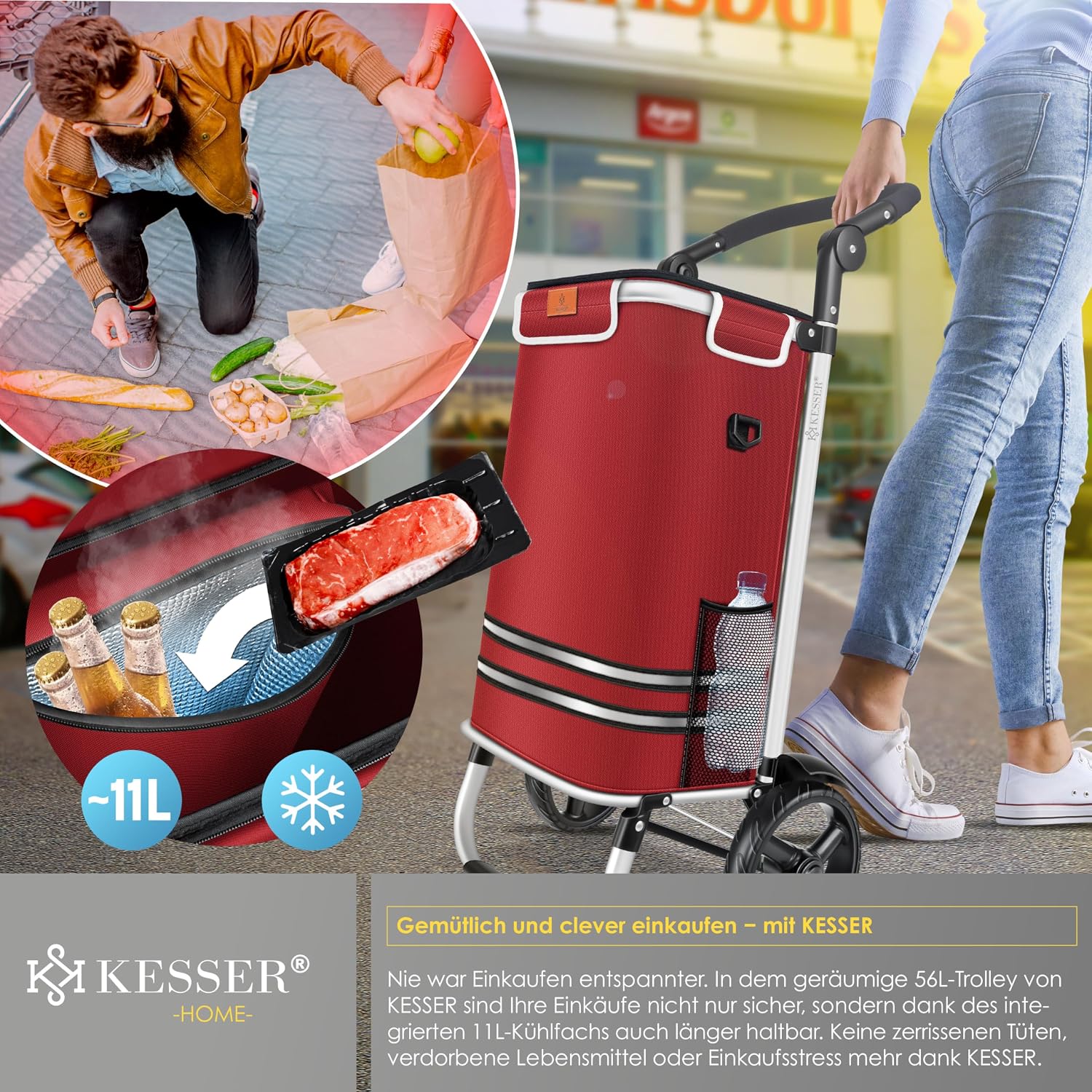 Detalle 2 de KESSER Einkaufstrolley klappbar 56 l (bis 50 kg) mit Kühlfach & Umhängetasche – Bordeaux Rot