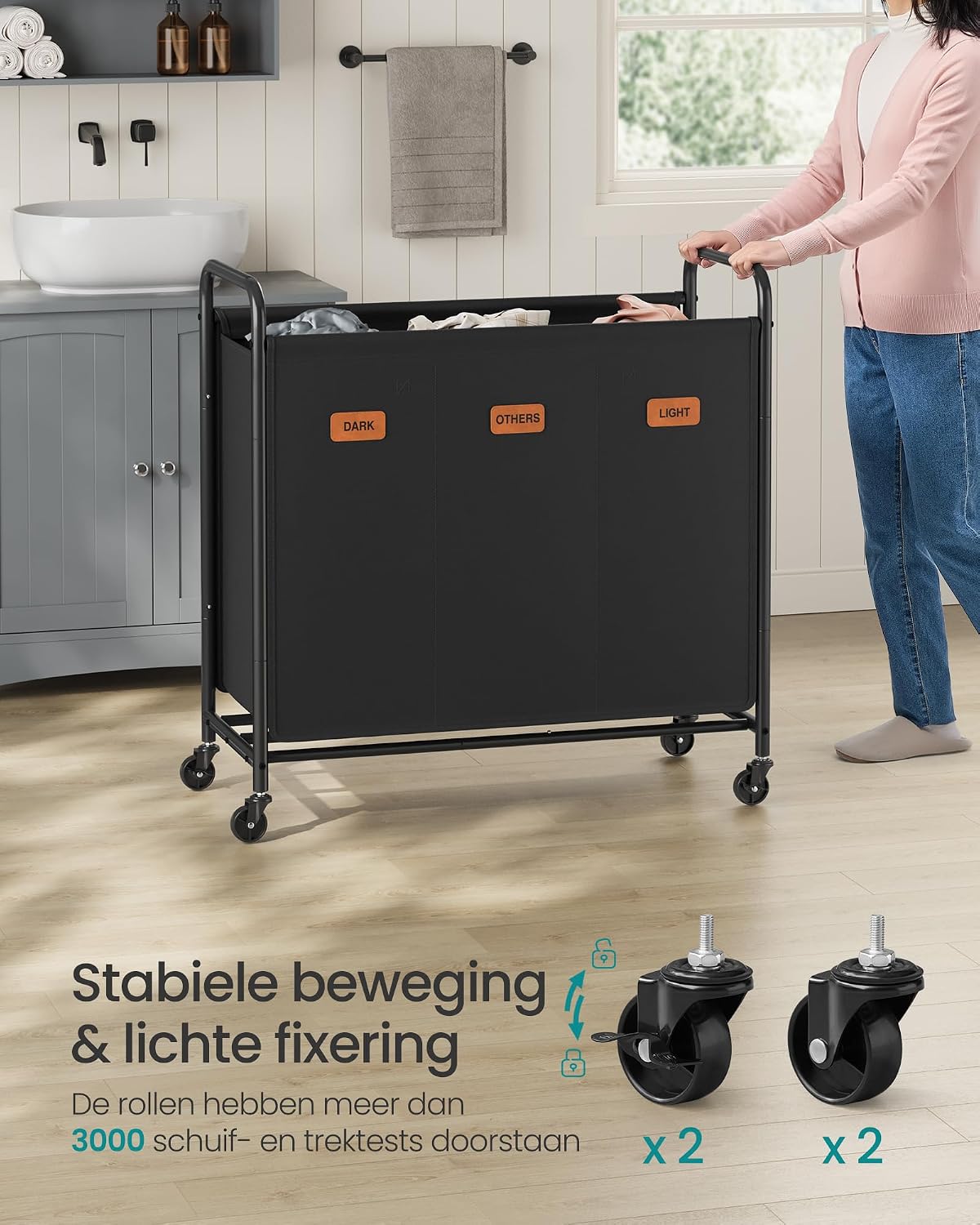 Detalle 2 de SONGMICS STEVIE RLS330B01 waswagen met 3 vakken, 170 liter en wielen