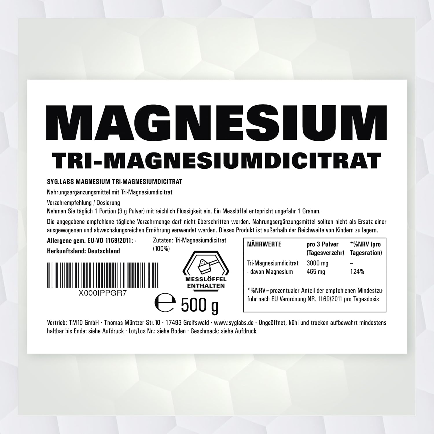 Detalle 2 de Syglabs Magnesium Citrat Pulver (Trimagnesiumdicitrat), 500 g – vegan und ohne Füll- oder Zusatzstoffe