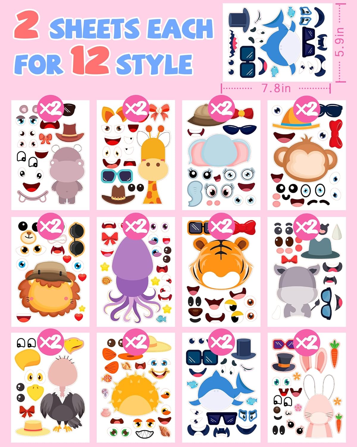 Thumbnail 5 de 24 Pcs Make Your Own Animal Sticker Sheet – Creative Face Sticker Set for Kids