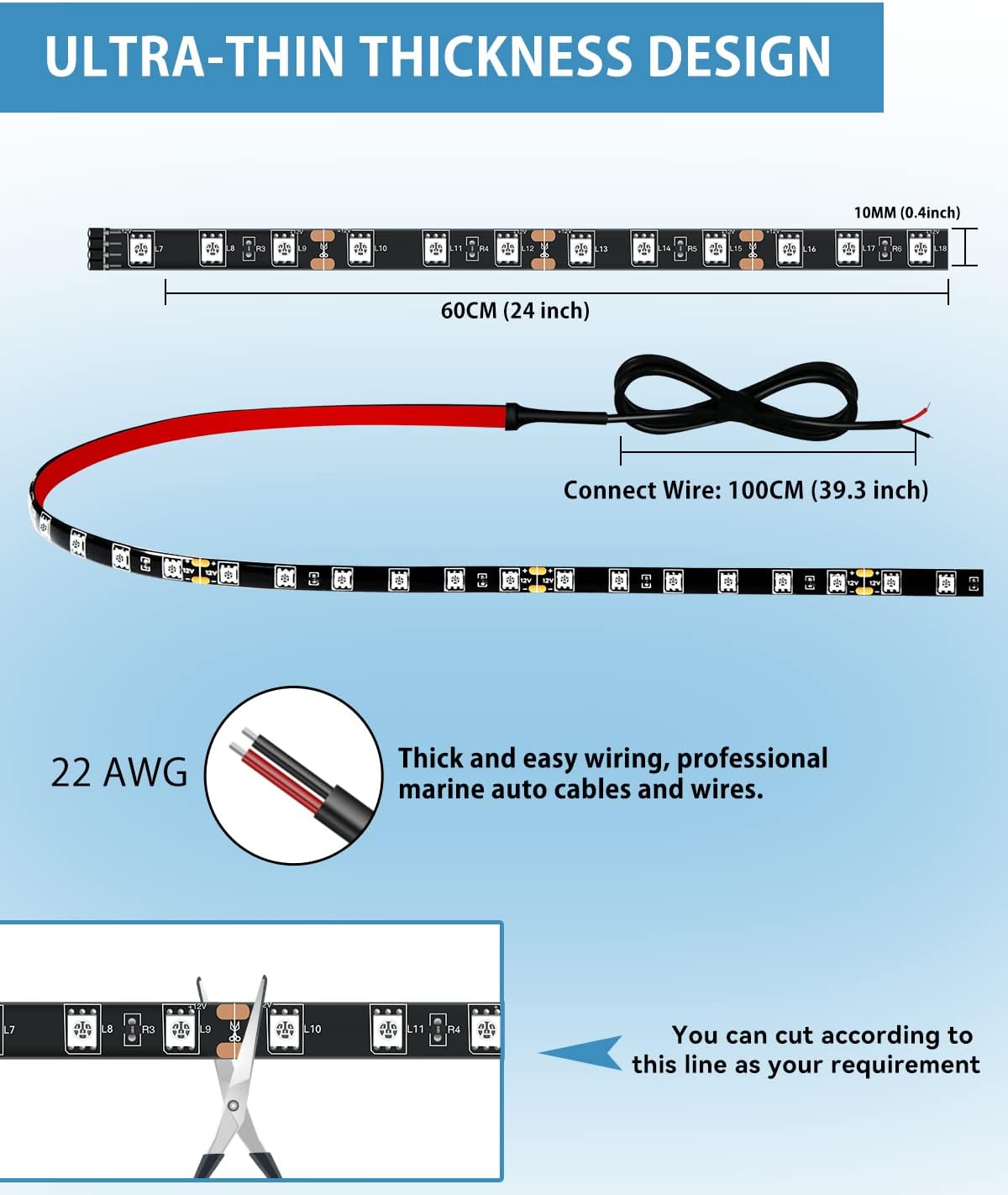 Thumbnail 5 de 4-Pack 12V Amber LED Strip Lights for Car, Motorbike & Marine Underglow (60cm/24")