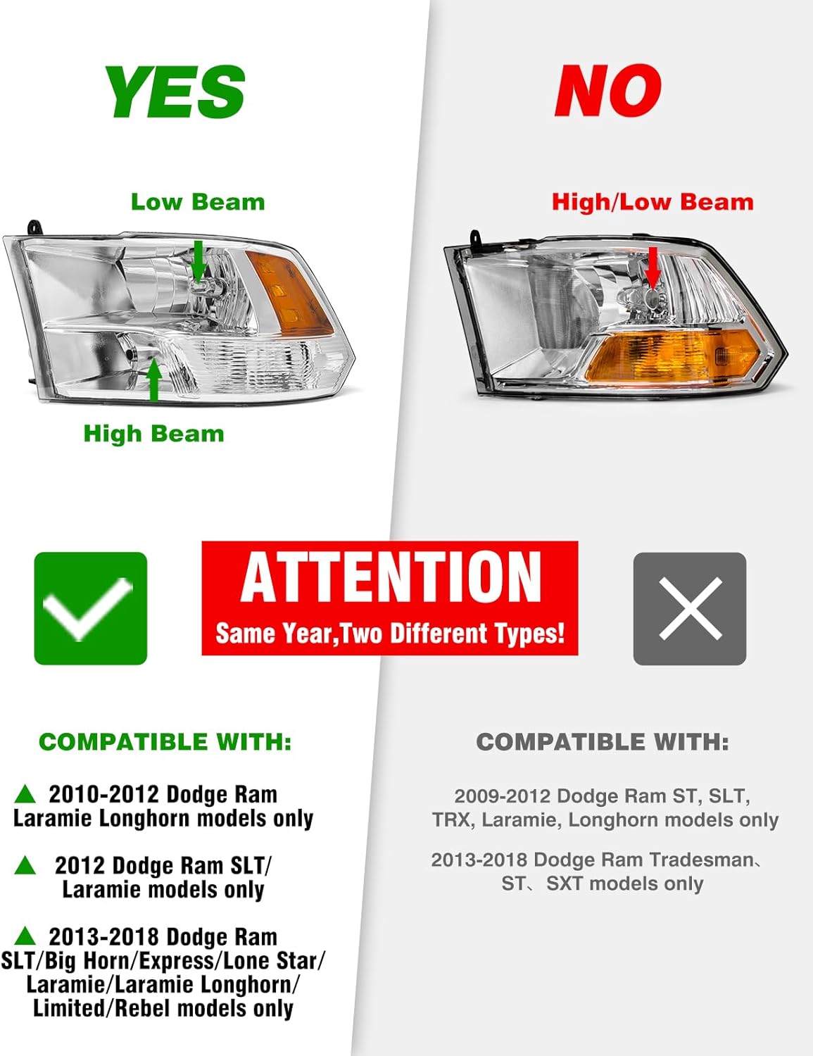 Thumbnail 1 de ADCARLIGHTS Headlight Assembly Replacement for 2010–2018 Dodge Ram (Chrome Housing, Amber Reflector)