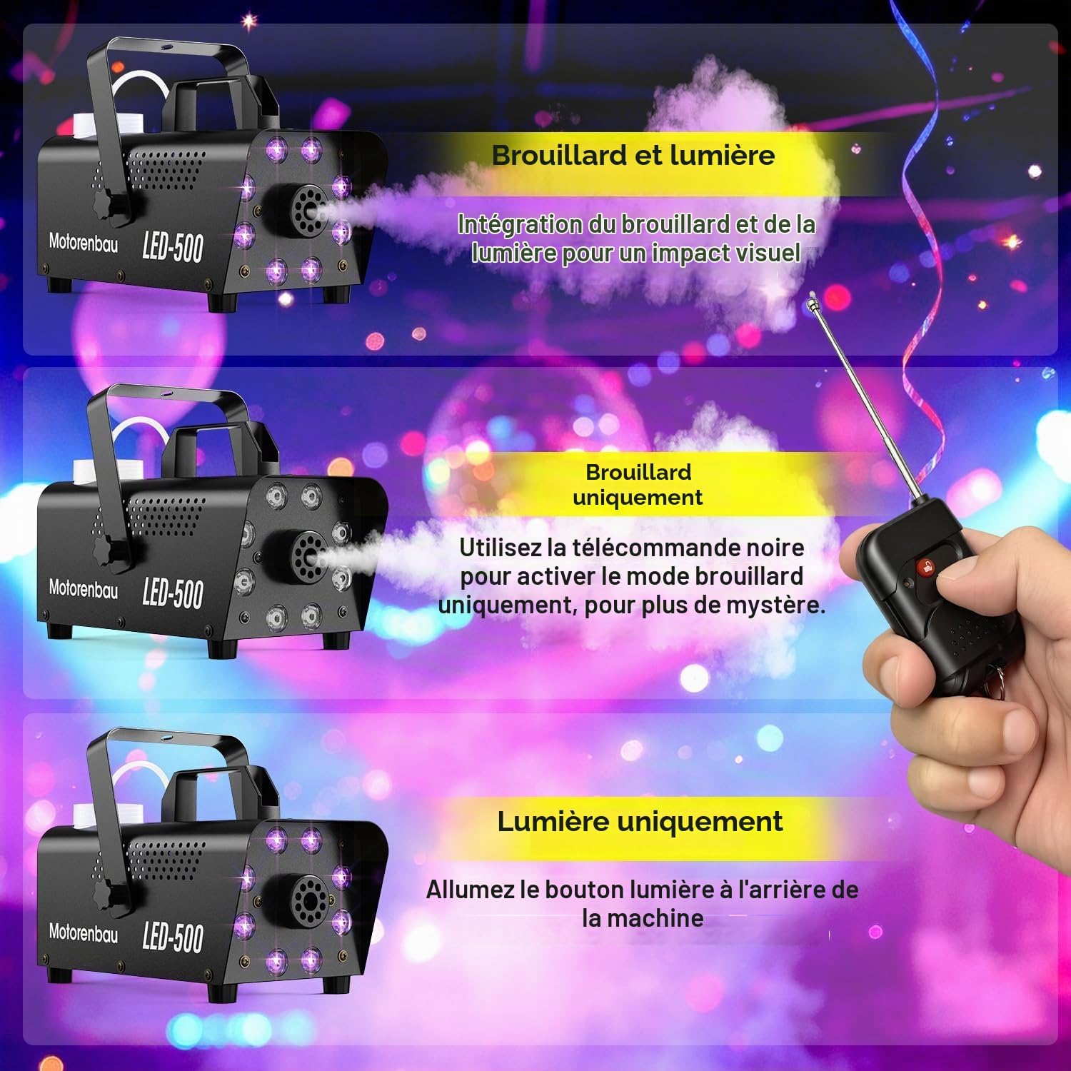Detalle 2 de Mistmachine met 8 RGB-leds, 13 lichtkleuren, 500 W en afstandsbediening