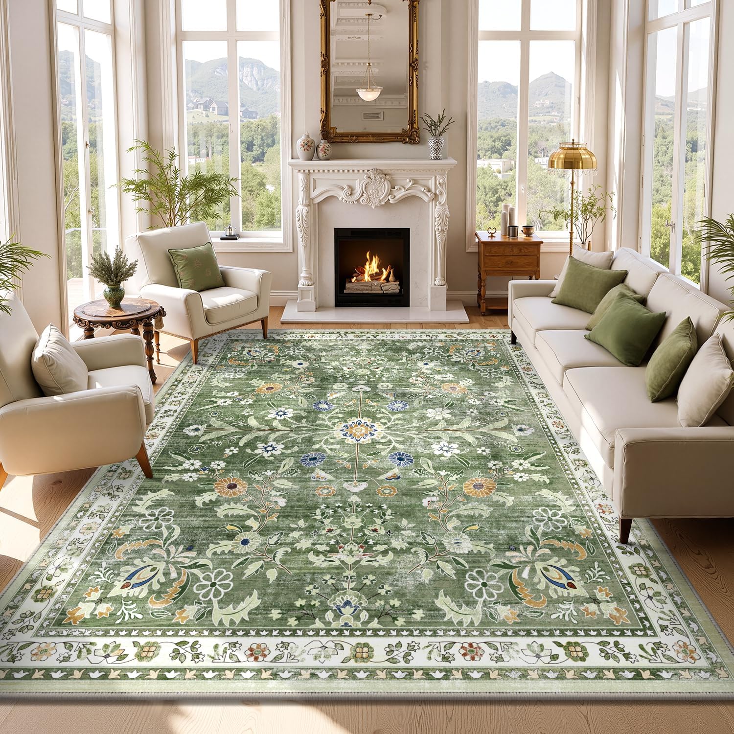 Detalle de Yamaziot 8' x 10' Washable Floral Area Rug, Sage Green Polyester, Low Pile