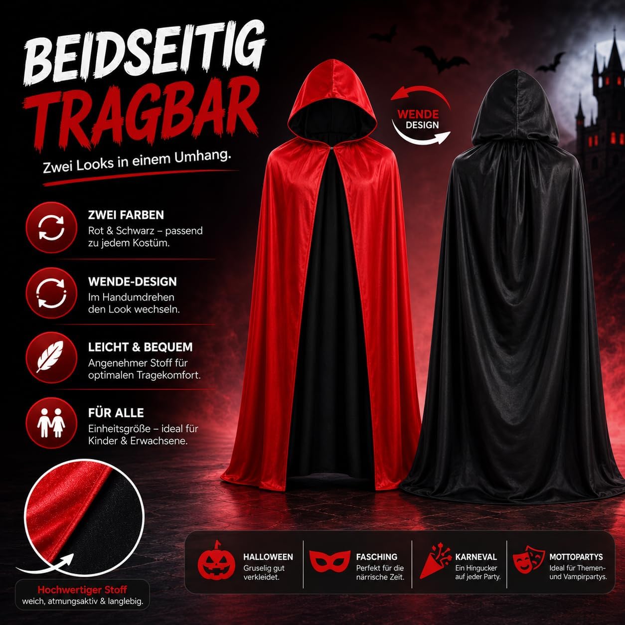 Detalle de Vampyrdräkt med huva – lång mantel med knytband för Halloween och maskerad