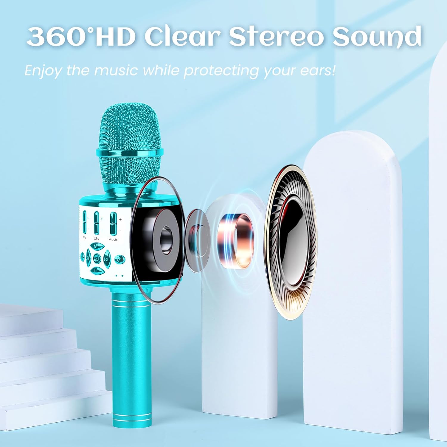 Detalle de BONAOK Karaoke microfono wireless 4 in 1 per bambini, compatibile Android (blu)
