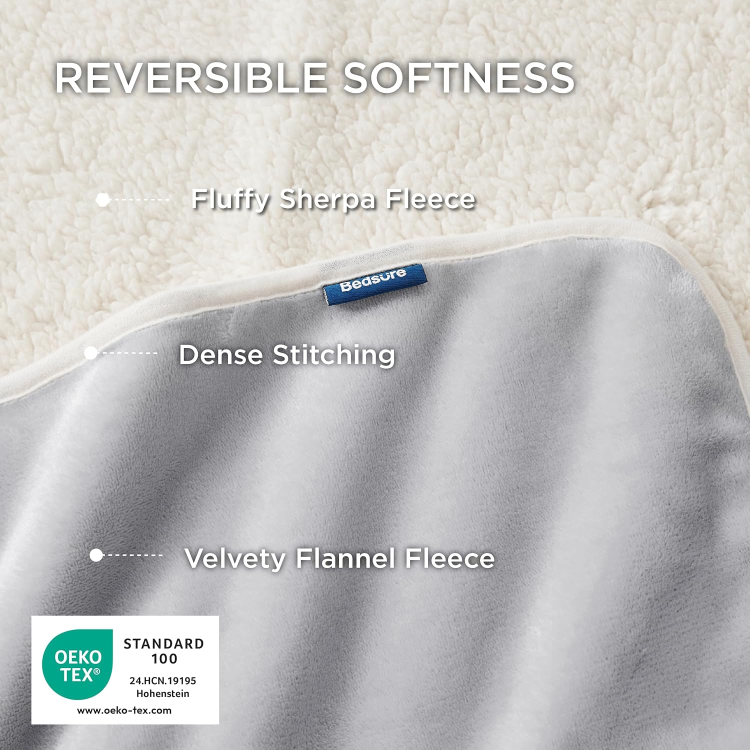 Detalle de Bedsure Waterproof Sherpa Fleece Blanket, King 108"x86", Reversible Light Grey