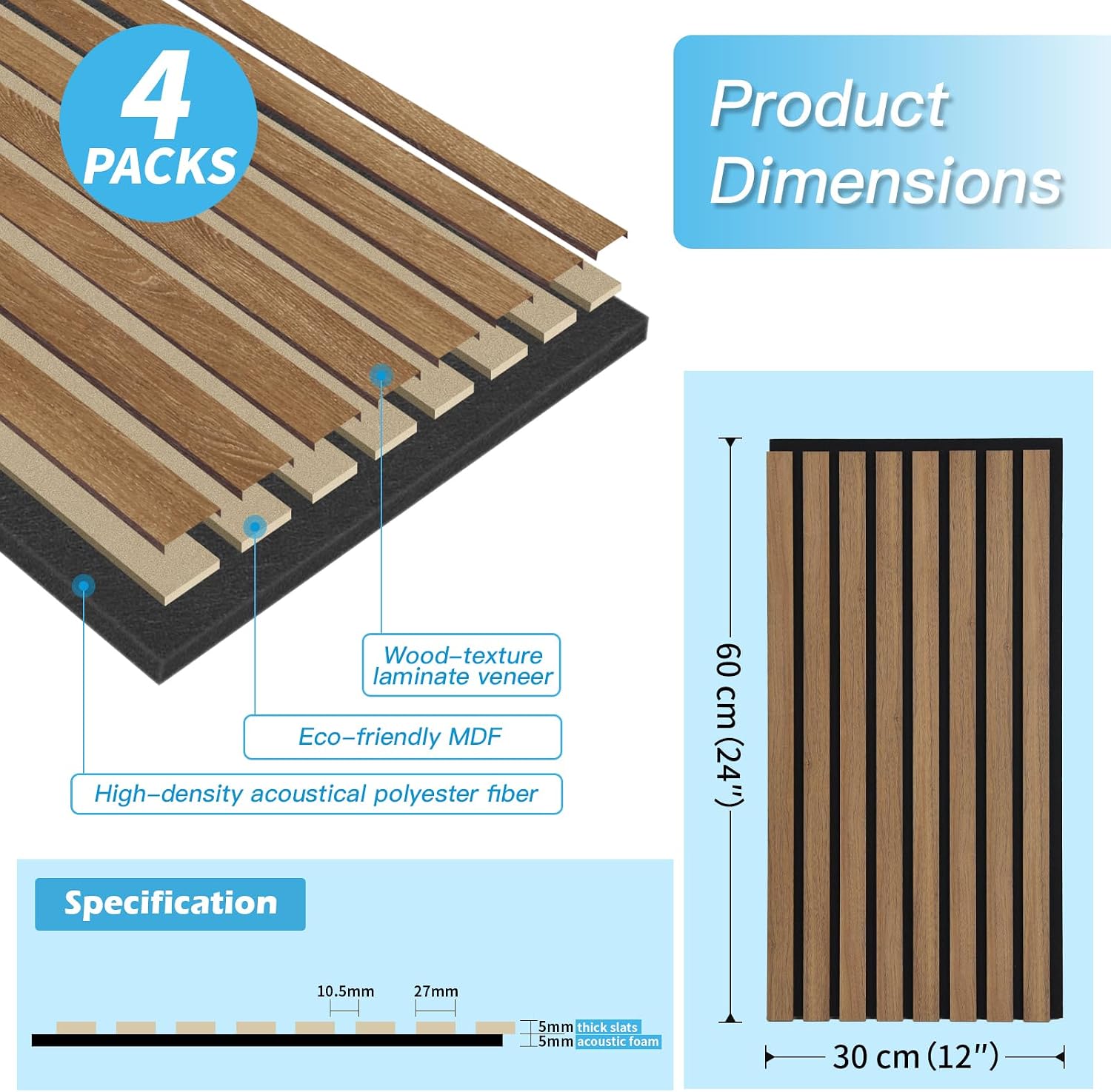 Detalle de Art3d 4-Pack Acoustic Wood Slat Wall Panels – Dark Walnut (23.6 x 11.8 in each) for Interior Decor