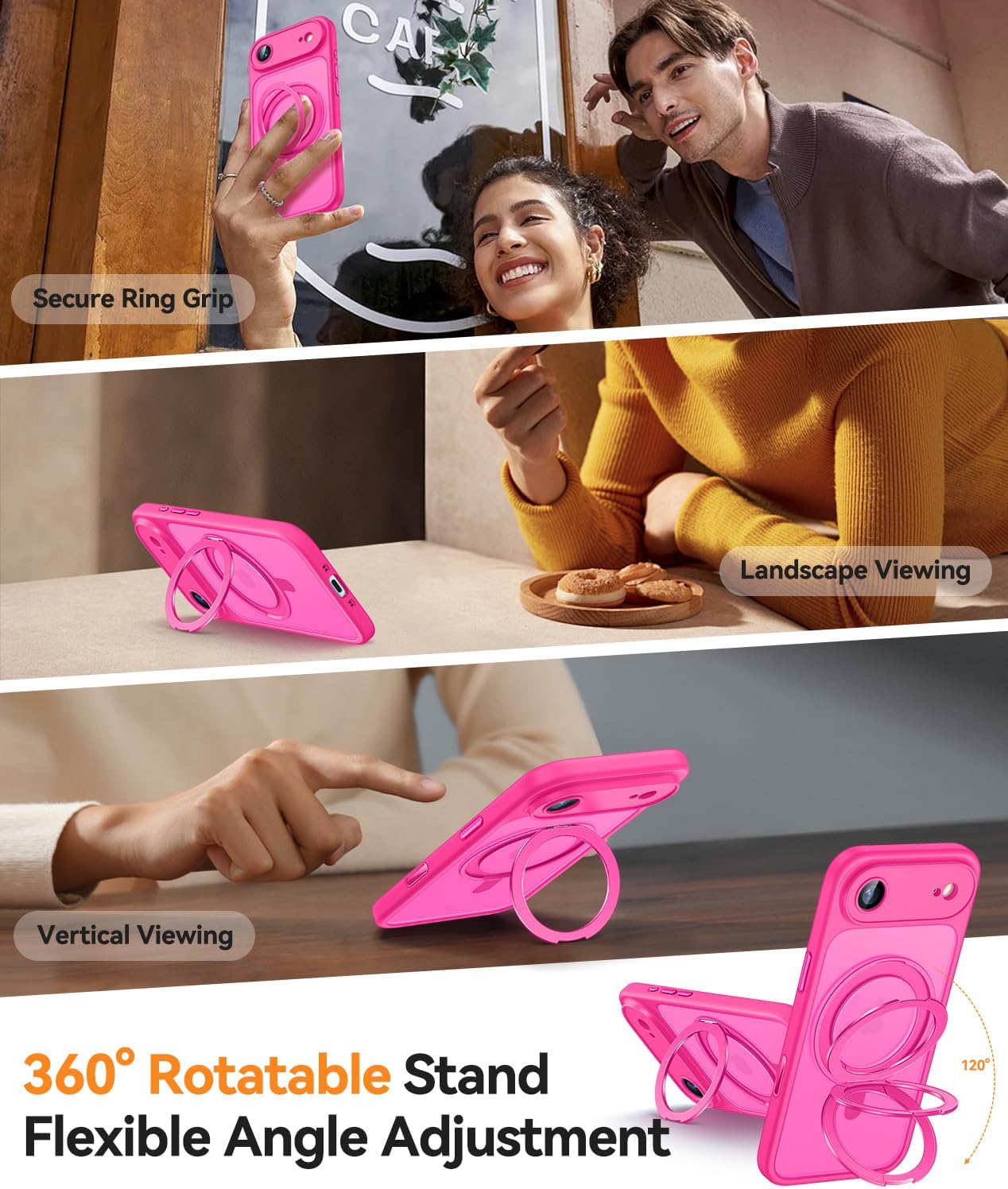 Detalle de CANSHN 360° Ständer-Hülle für iPhone Air mit Kamera-Schutznrahmen & Kamerasteuerknopf für MagSafe, leuchtend Matt Rosa