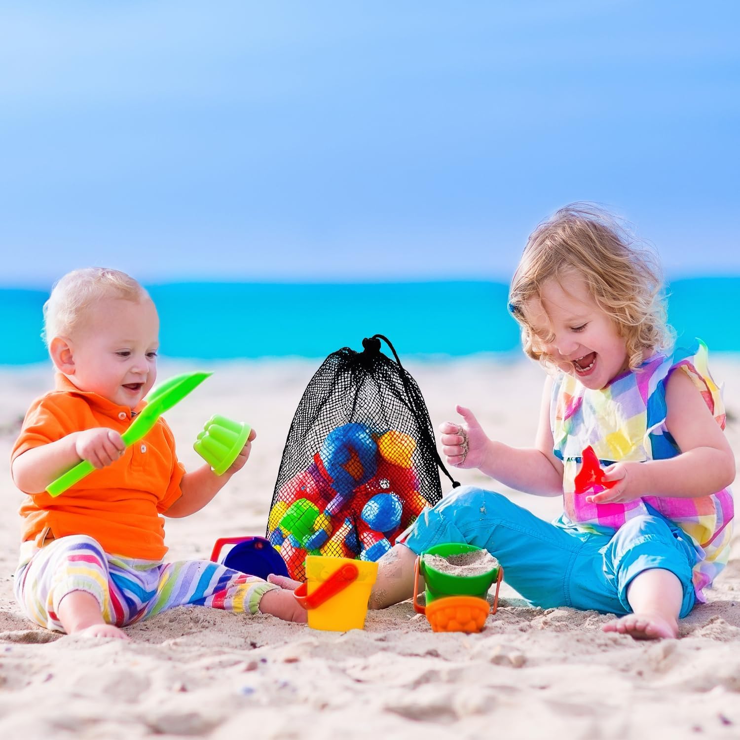 Detalle de COLANANA 2pc Mesh Drawstring Bags (40 x 35cm) – black drawstring organisers for toys, swimming & travel