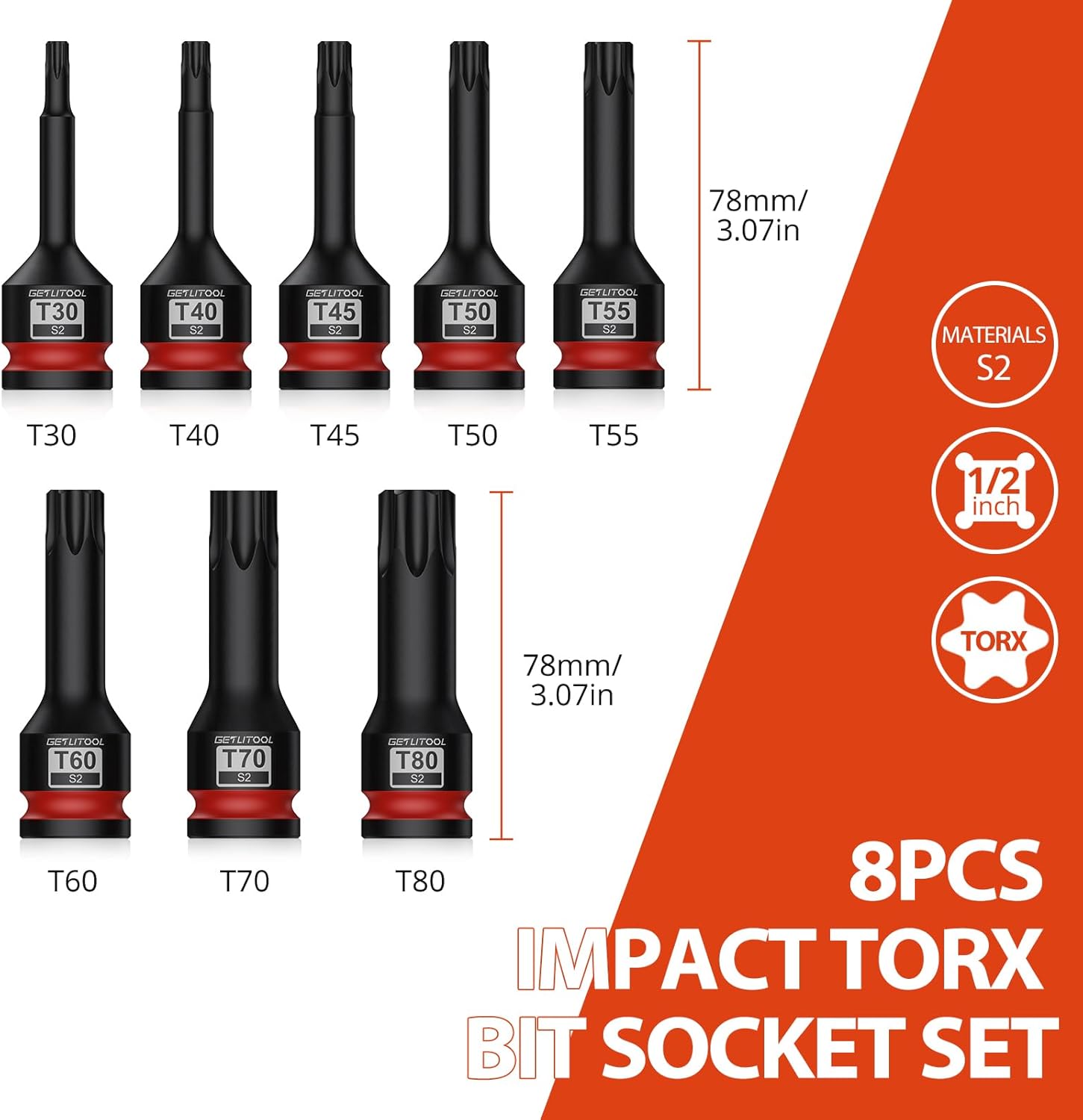 Thumbnail 1 de GETLITOOL 1/2" Kraft-Schlagschrauber-Nüsse Satz (8-tlg) S2 Torx T30–T80 mit 78 mm Bits