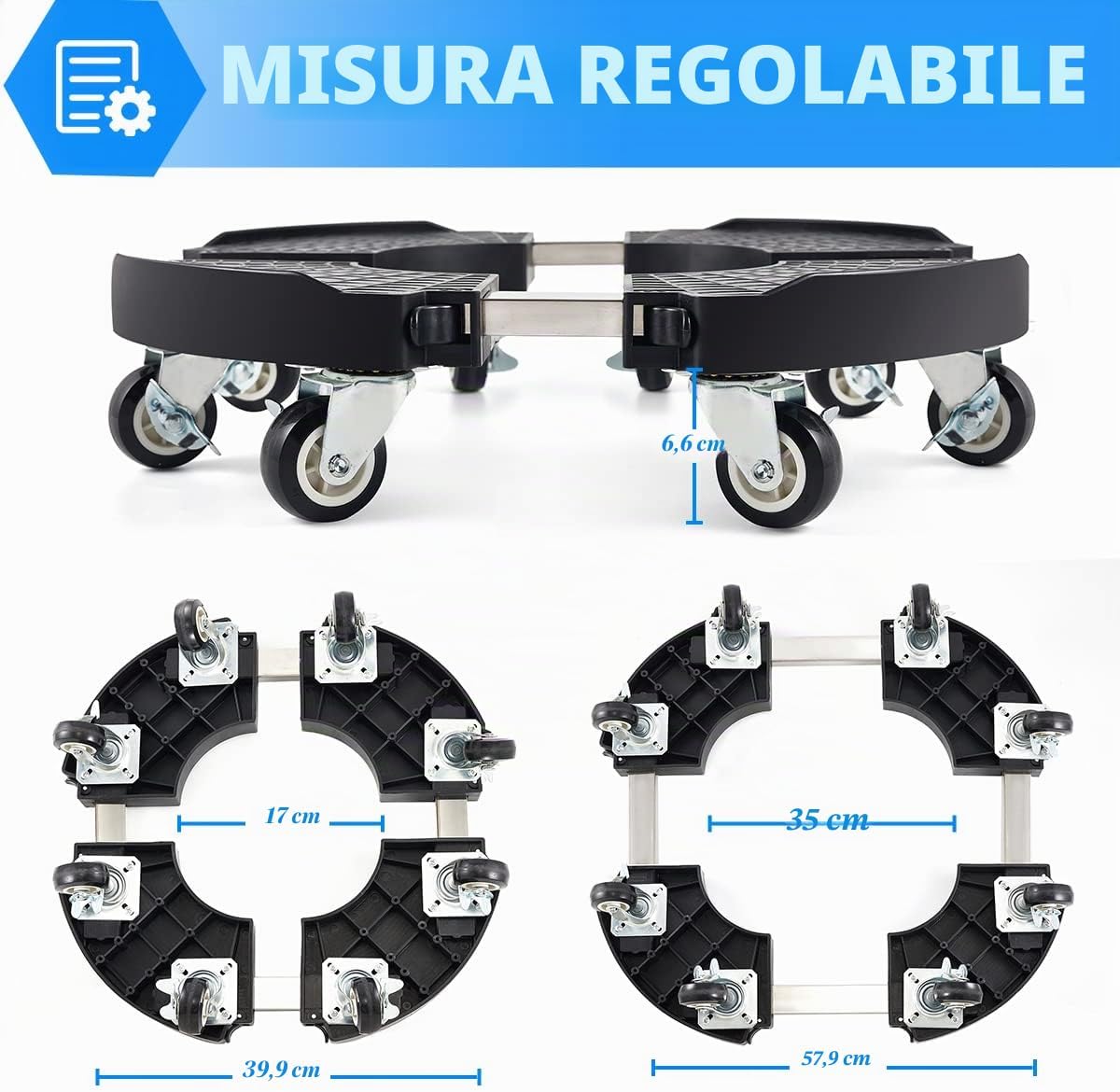 Detalle de TreeGun Sottovaso per Piante con Ruote – Portavasi Regolabile da 38–58 cm, Capacità 200 kg