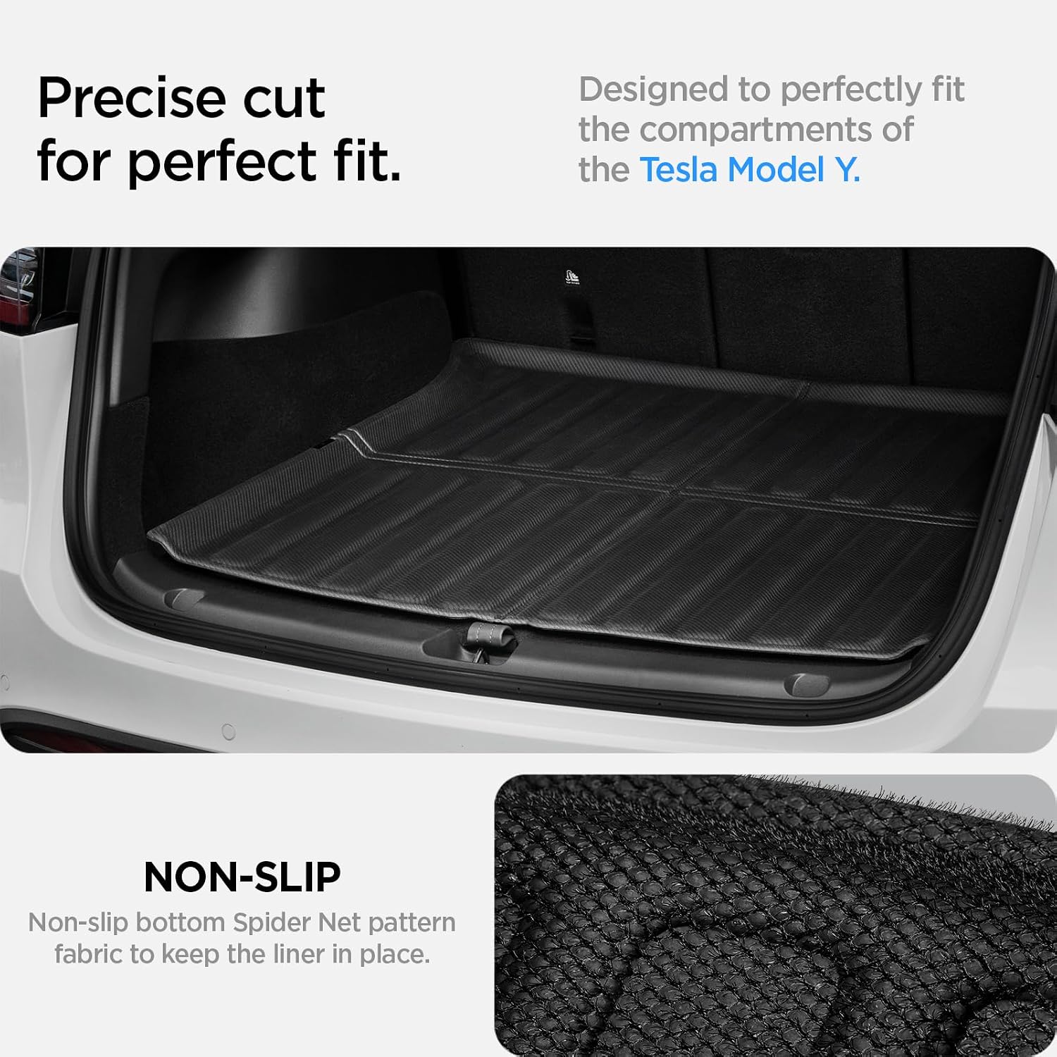 Detalle de Spigen Tesla Model Y (approx. 2024) Rear Trunk Mat / Cargo Liner in Carbon Edition