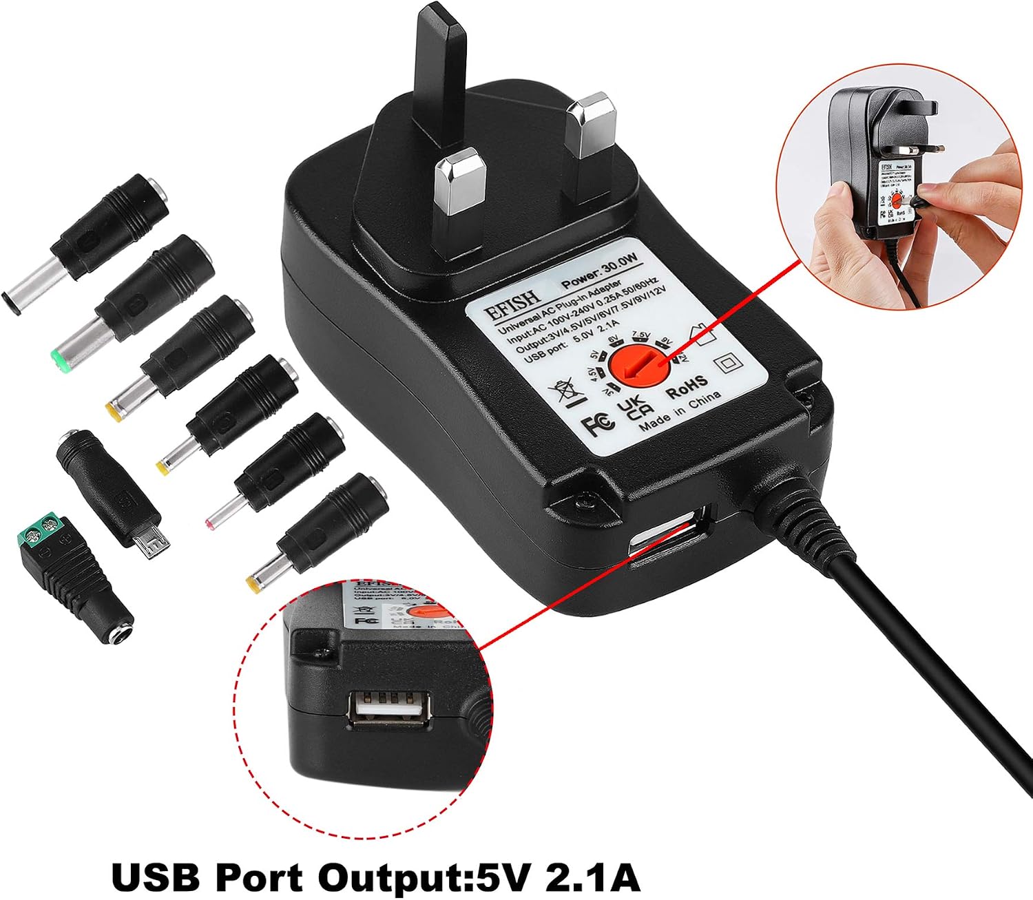 Detalle de EFISH International Power Adapters Multifunctional Portable Power Transformer with 8 Tips (UK Plug Included)