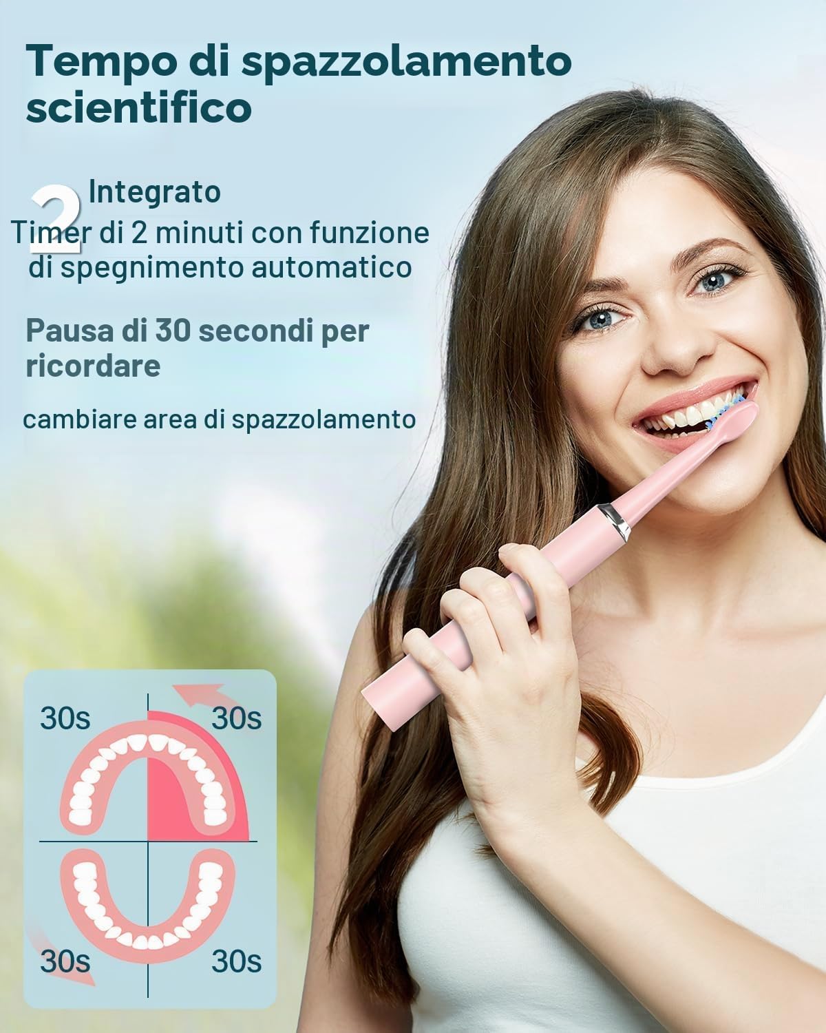 Detalle 2 de Spazzolino elettrico sonico rosa perlato con 8 testine, 5 modalità e IPX7