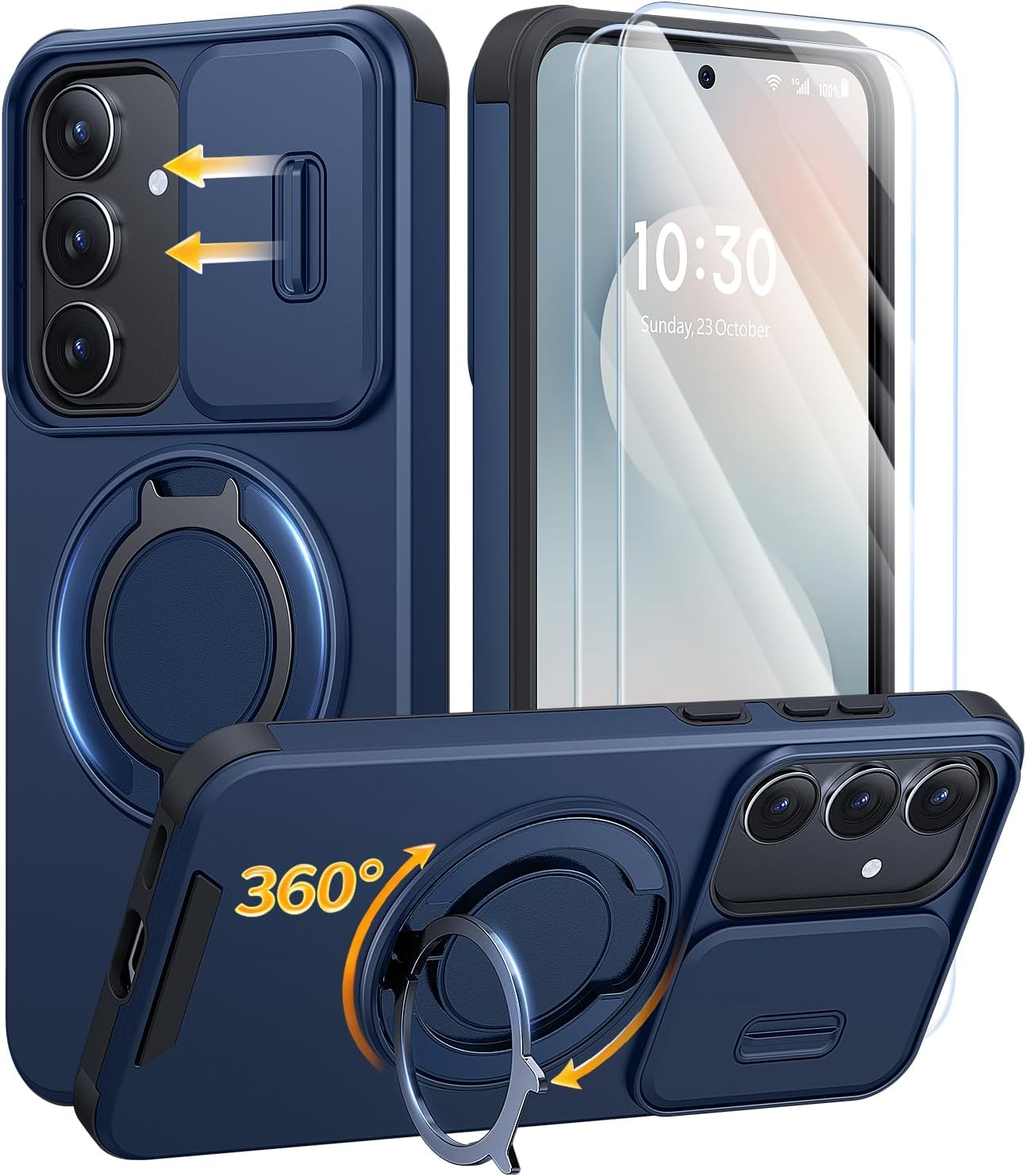 Detalle de AOUIA Hülle für Samsung Galaxy S25 FE mit 2× Panzerglas, Kameraschutz & 360° Ring-Kickstand – stoßfest, blau