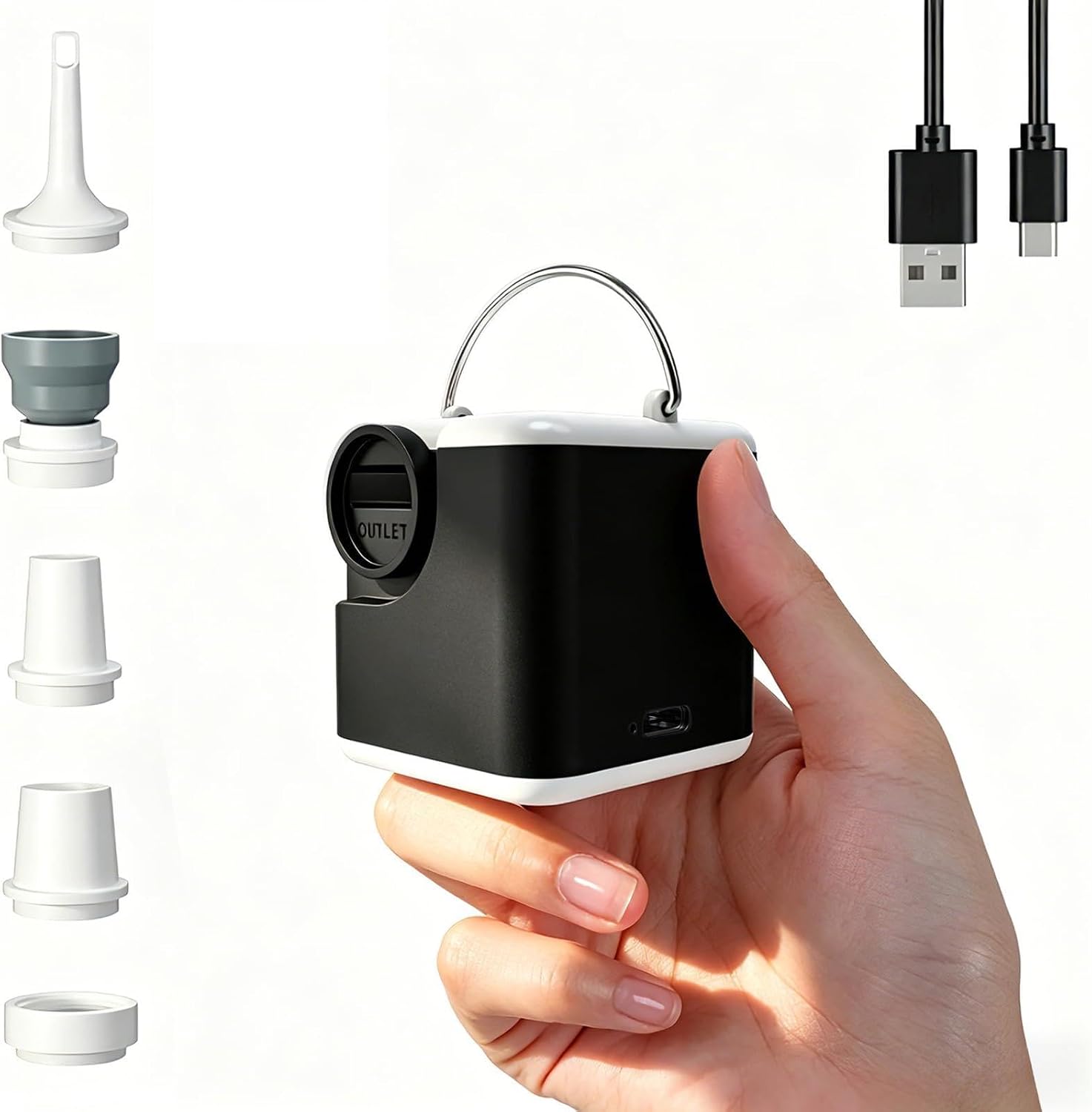 Detalle de Elektrische 3-in-1 Luftpumpe mit Campinglampe – kompakt, leistungsstark und vielseitig