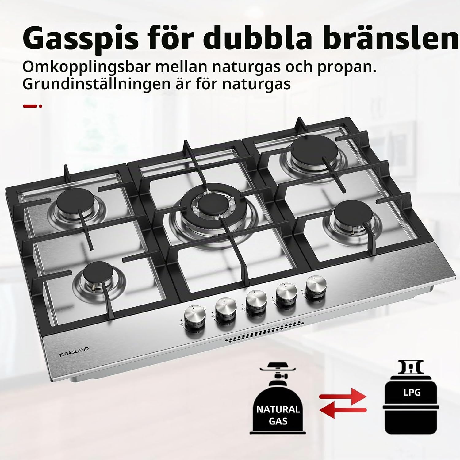 Detalle 2 de GASLAND GH2705SS1FC gashäll 76 cm i rostfritt stål med fem brännare