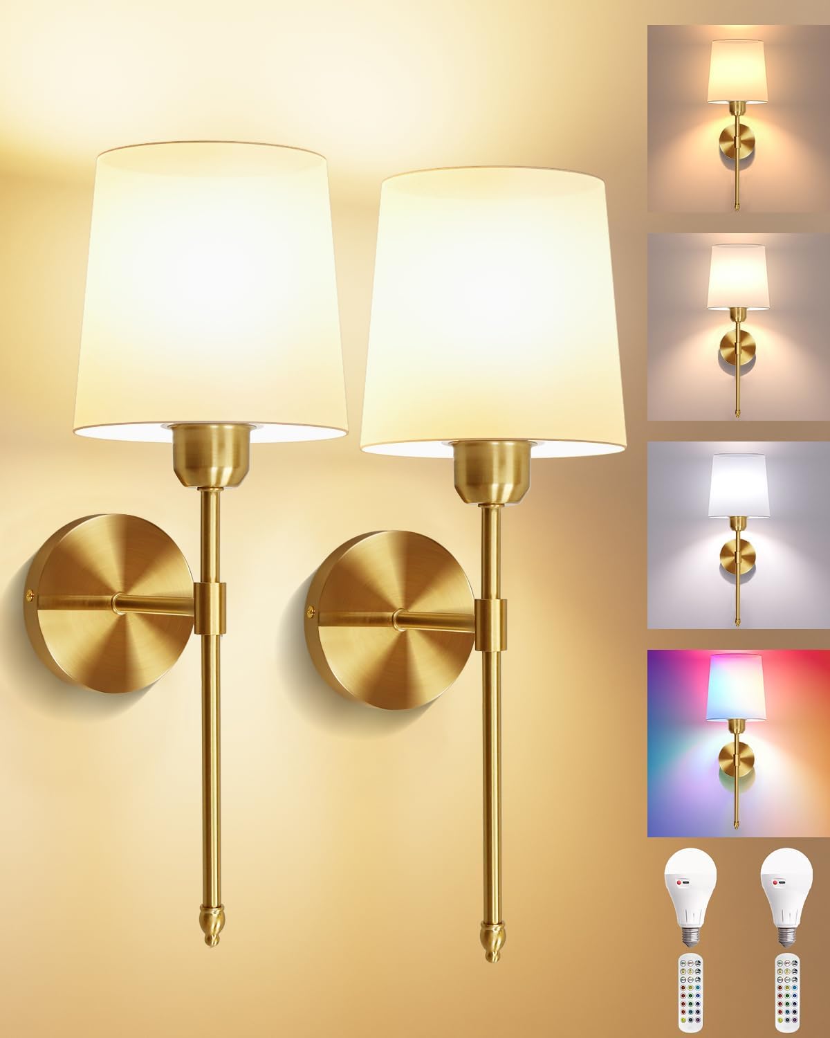 Detalle de Ouyulong WS-01 Battery-Operated Wall Sconces, Set of 2, Gold, RGB and Remote