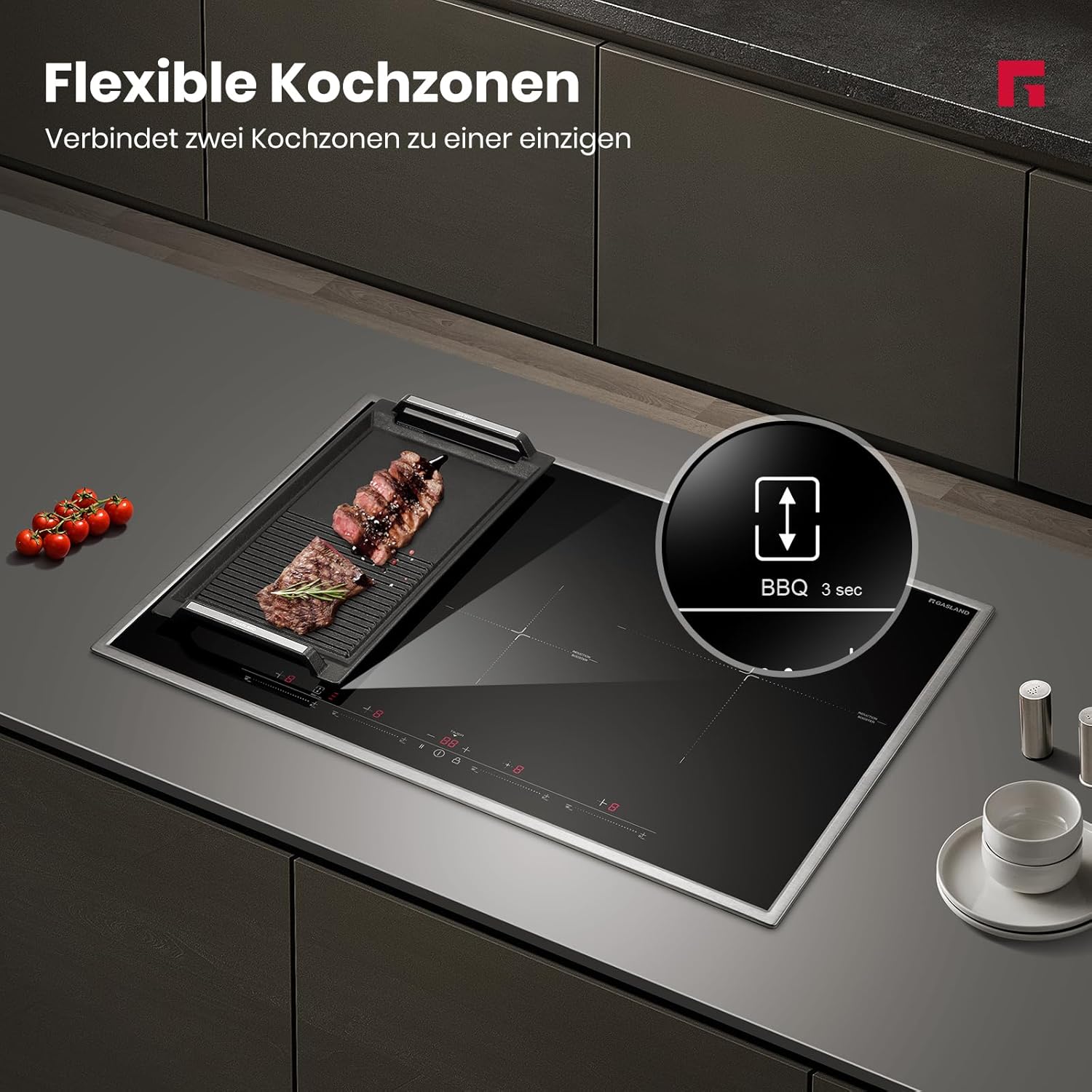 Thumbnail 2 de GASLAND IH774BFB Plaque de cuisson induction encastrable 77 cm – 4 foyers, cadre inox, zone BBQ